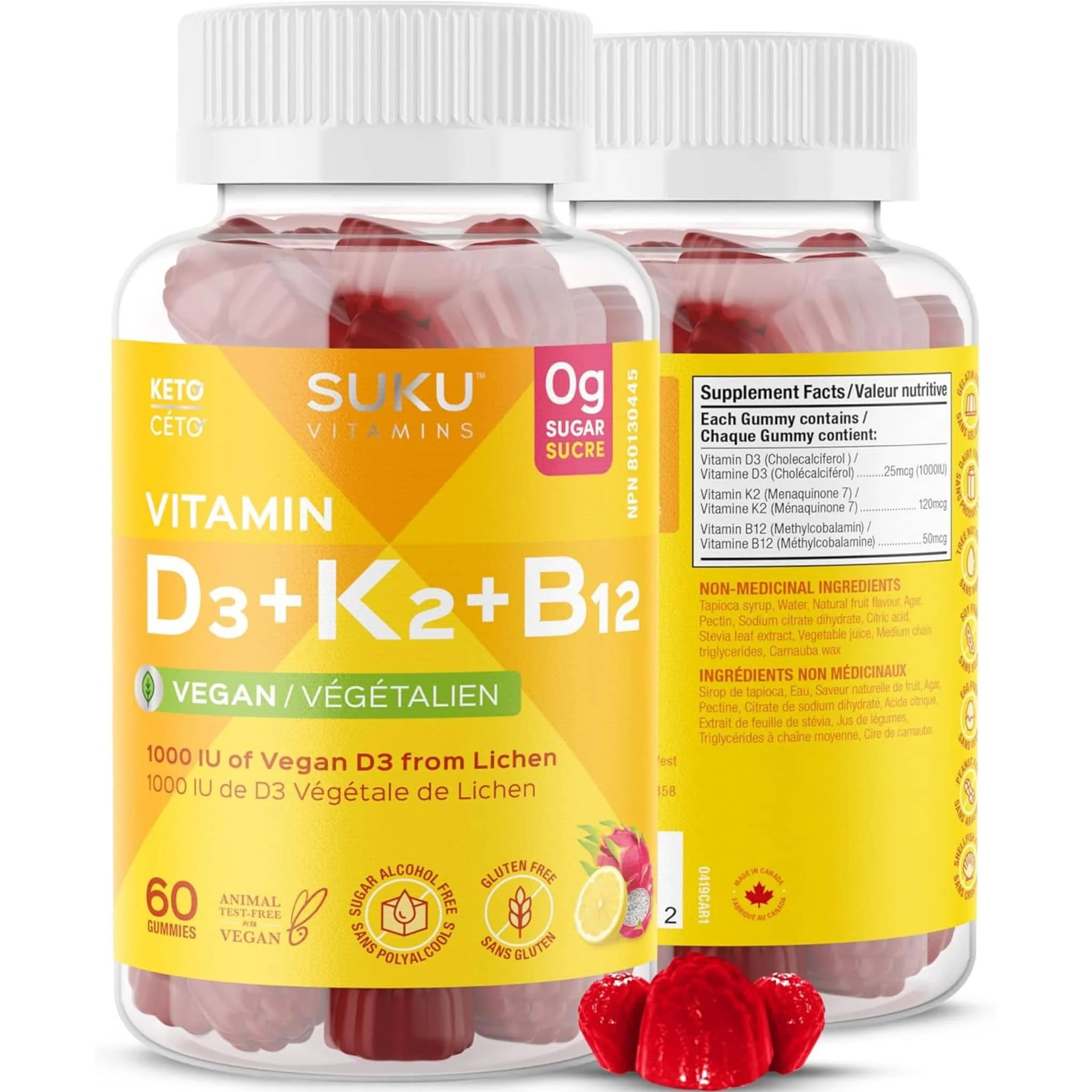 SUKU Vitamins Vitamin D3 1000 IU, K2 120 mcg, and B12 50 mcg, Supports Immune, Bone and Teeth, 60 Gummies