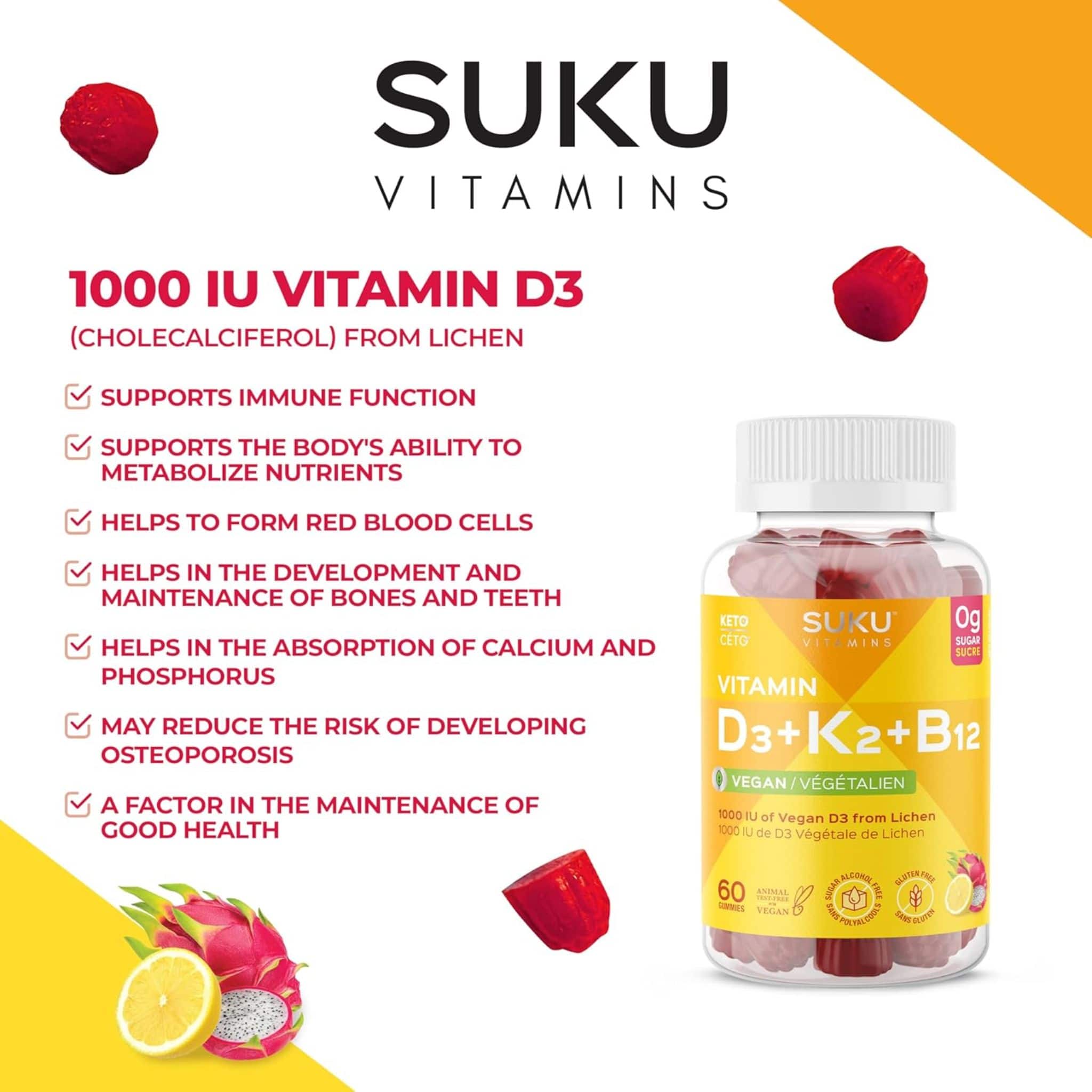 SUKU Vitamins Vitamin D3 1000 IU, K2 120 mcg, and B12 50 mcg, Supports Immune, Bone and Teeth, 60 Gummies - Image 6