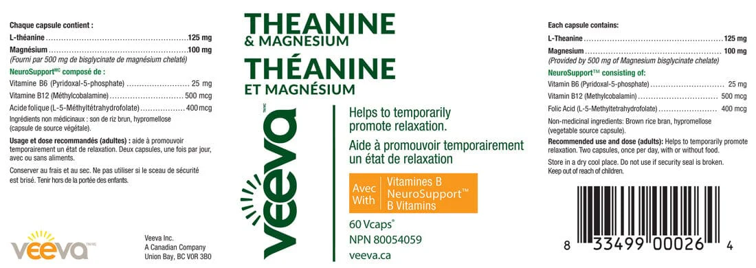 Veeva Theanine & Magnesium Bisglycinate (125mg & 500mg) with B Vitamins, 60 V-Capsules - Image 2
