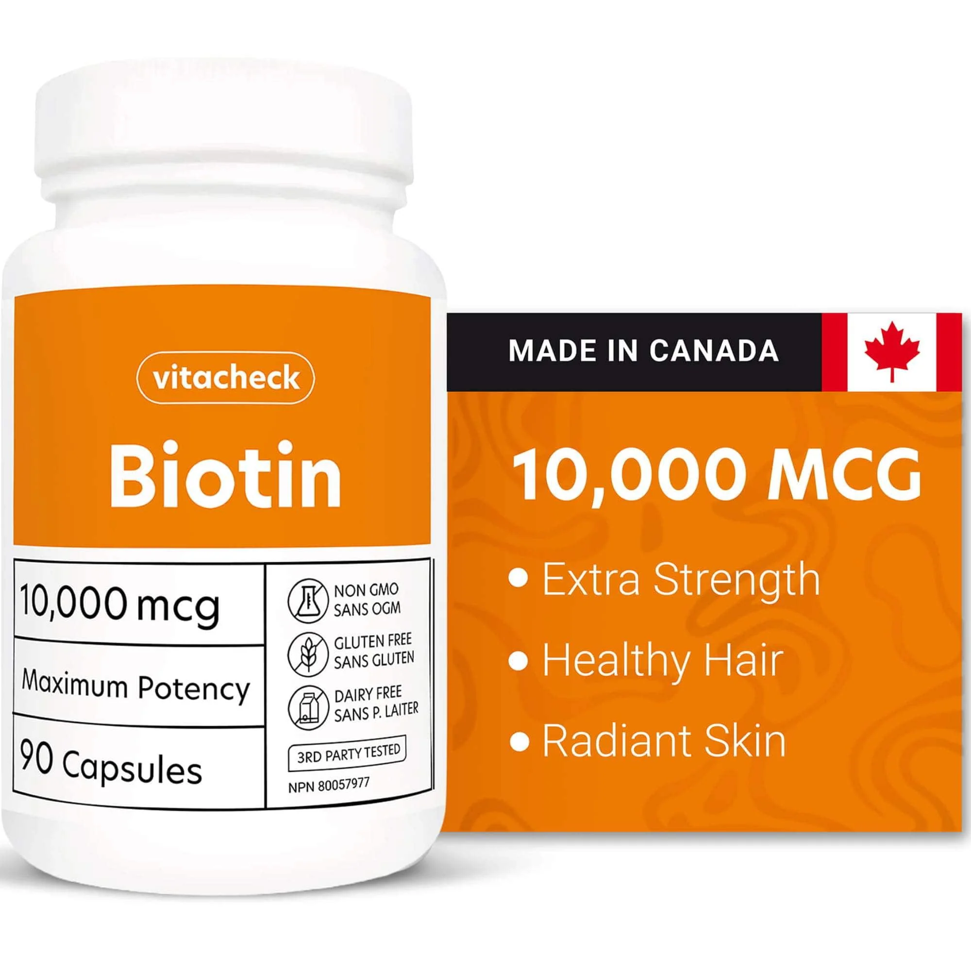 Vitacheck Biotin Extra Strength 10,000mcg, Supports Healthy Hair, Radiant Skin, 90 Vegetable Capsules CLEARANCE 25% Off Expiry 6/28 Final Sale