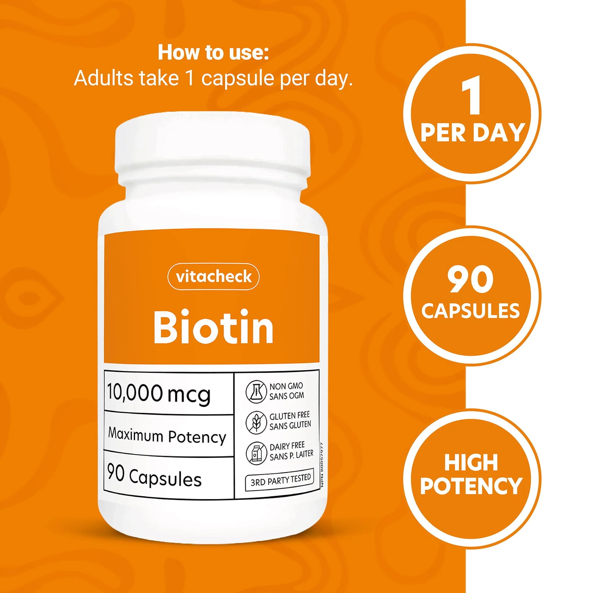 Vitacheck Biotin Extra Strength 10,000mcg, Supports Healthy Hair, Radiant Skin, 90 Vegetable Capsules CLEARANCE 25% Off Expiry 6/28 Final Sale - Image 6