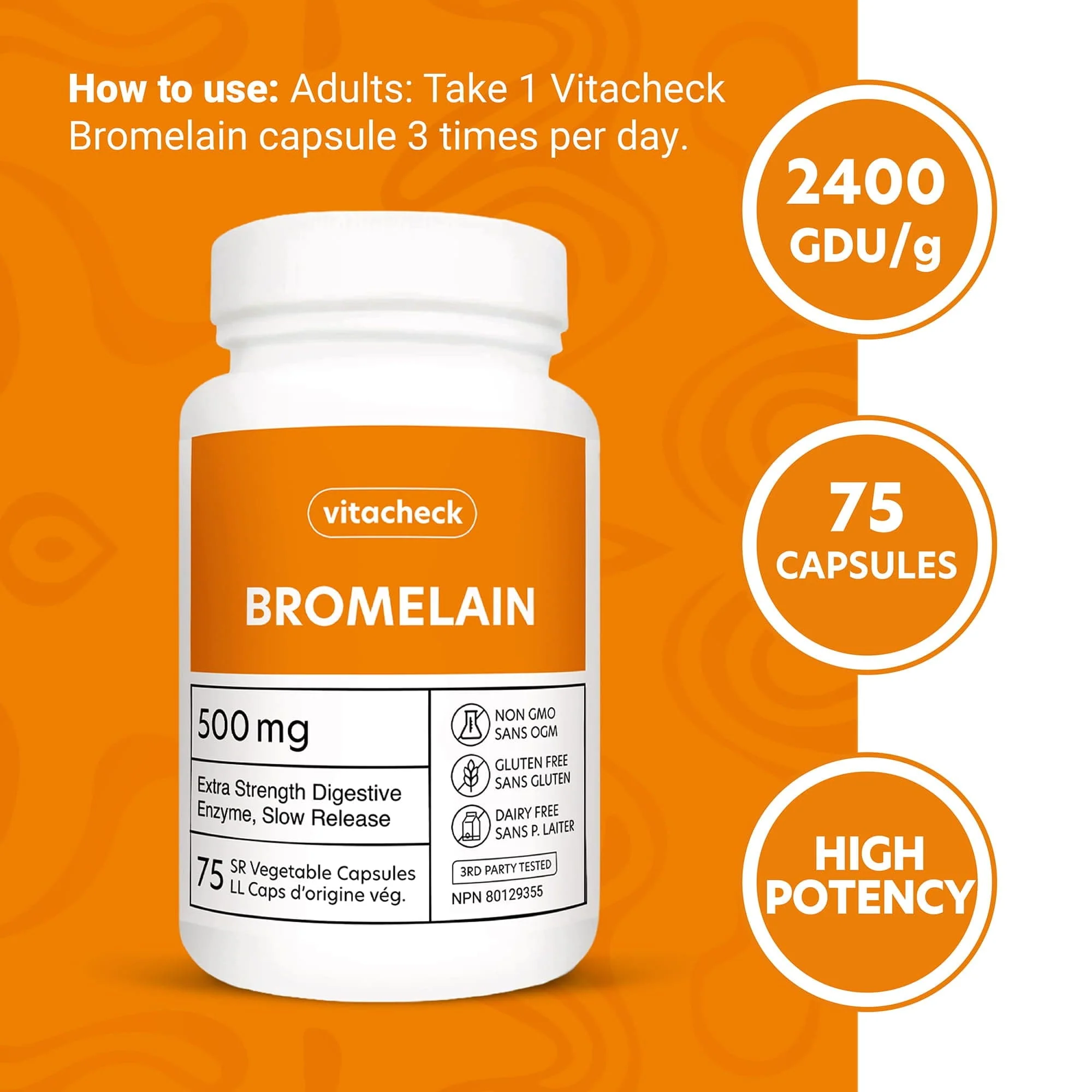 Vitacheck Bromelain 500mg Extra Strength, 2400 GDU/g, Digestive Enzyme From Pineapple, 75 Slow Release Vegetable Capsules CLEARANCE 25% Off Exp 9/28 Final Sale - Image 4