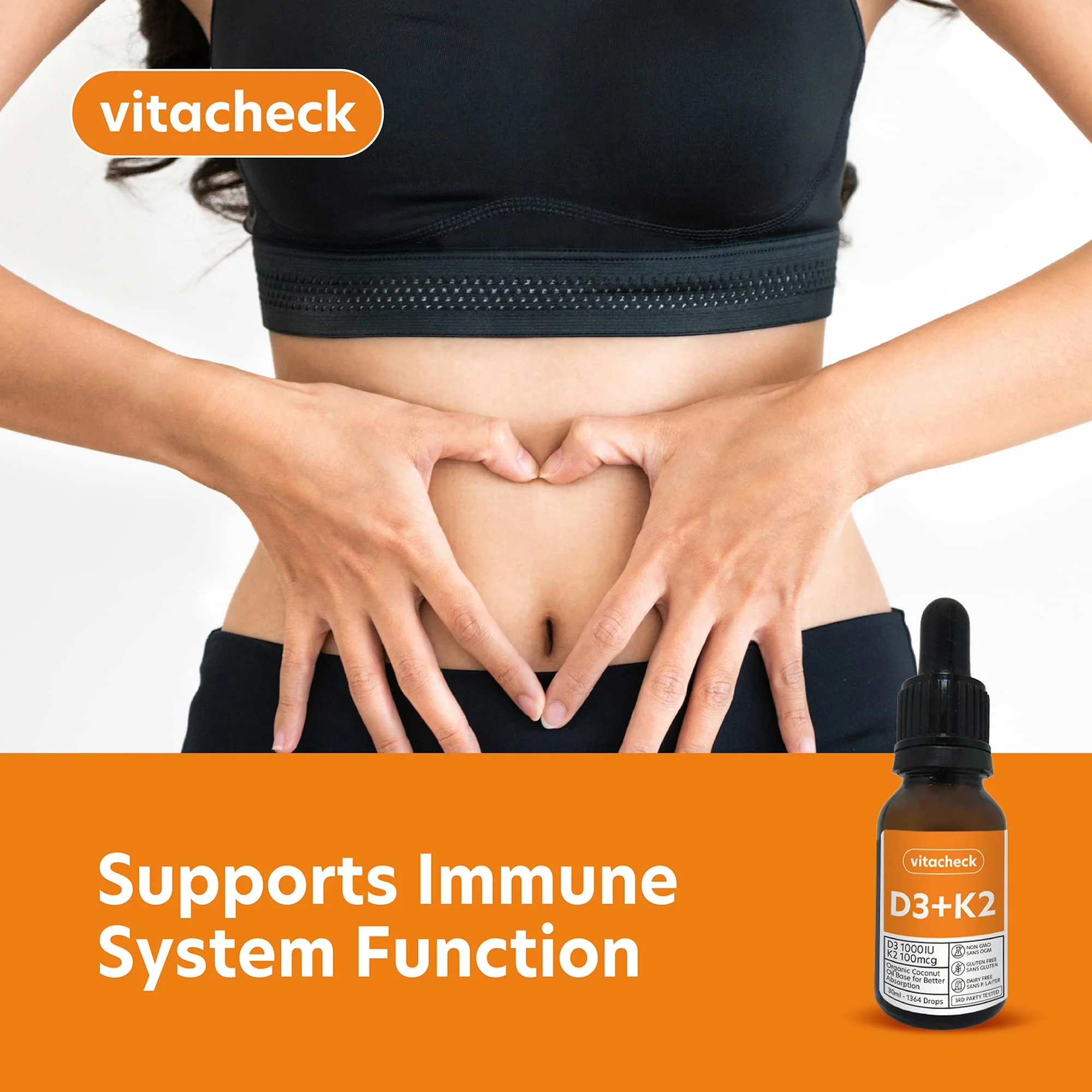 Vitacheck Vitamin D3 + K2 Liquid Drops in Organic MCT Oil, Vitamin D3 1000IU and K2 100IU, 1364 Drops, 30ml - Image 2