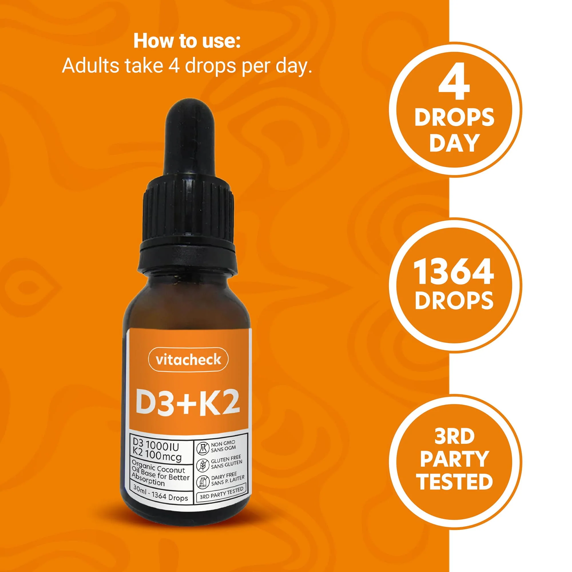 Vitacheck Vitamin D3 + K2 Liquid Drops in Organic MCT Oil, Vitamin D3 1000IU and K2 100IU, 1364 Drops, 30ml - Image 4