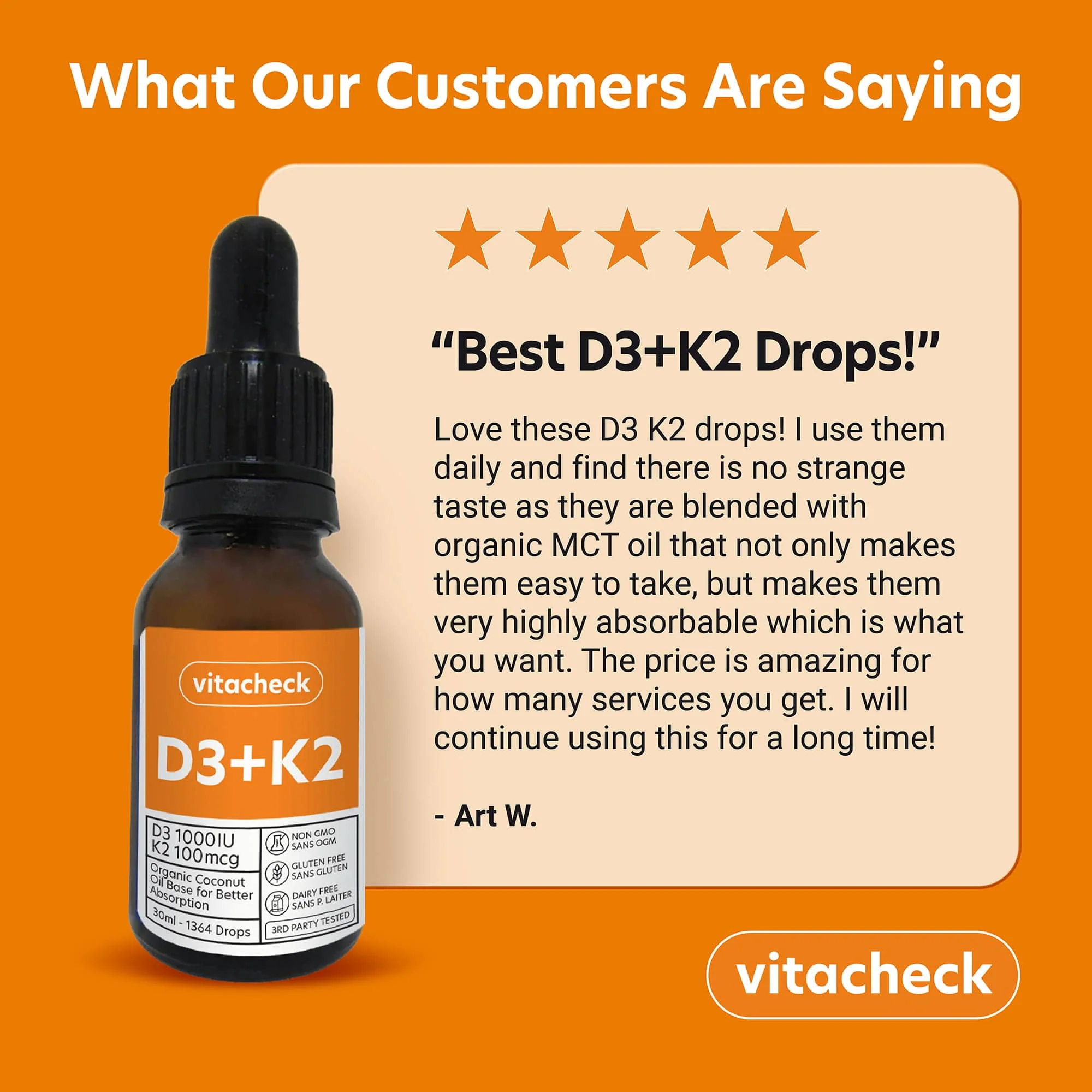Vitacheck Vitamin D3 + K2 Liquid Drops in Organic MCT Oil, Vitamin D3 1000IU and K2 100IU, 1364 Drops, 30ml - Image 6