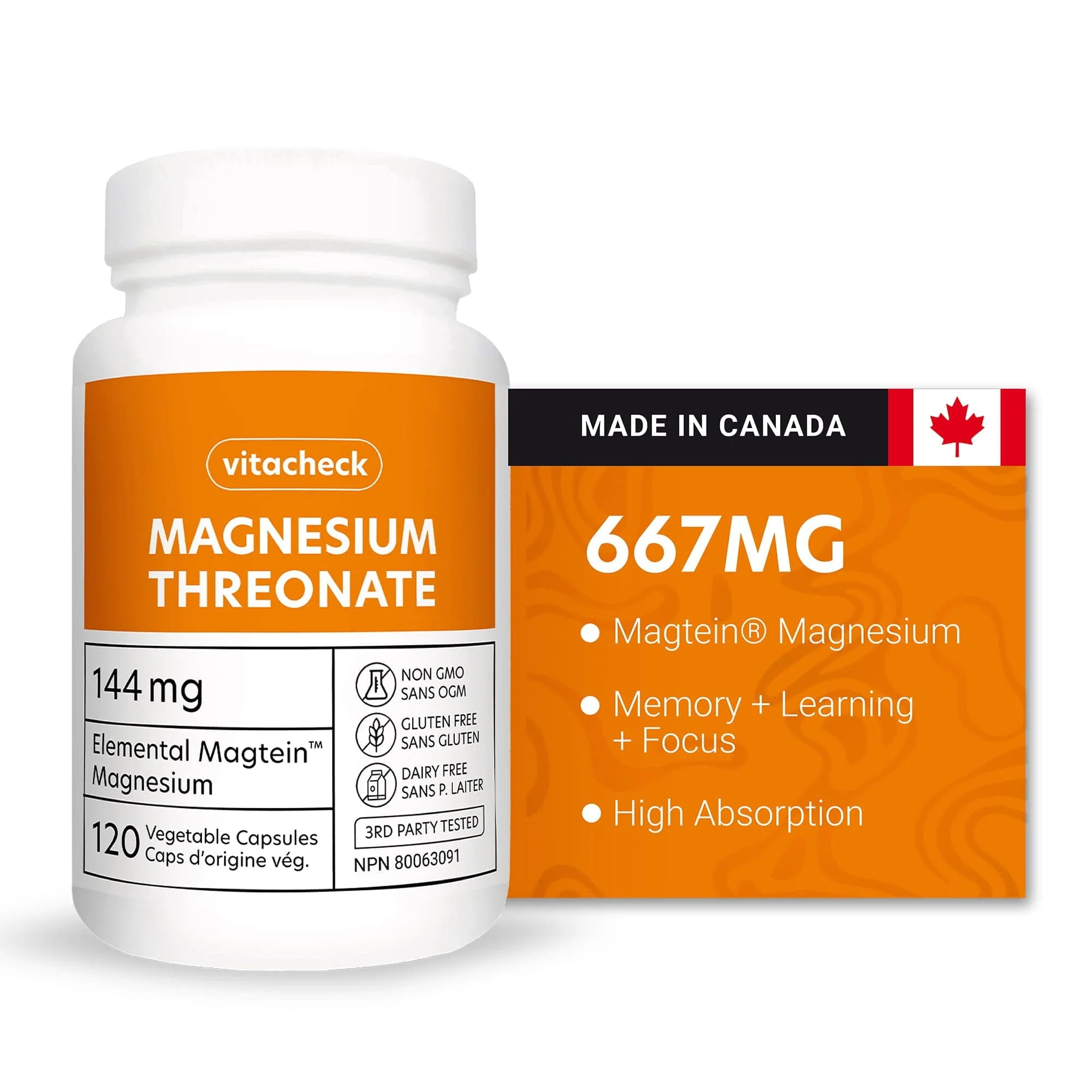 Vitacheck Magnesium Threonate 667mg Magtein, Enhances Cognitive Function, Supports Learning, Memory, Brain Health, 120 Vegetable Capsules CLEARANCE 25% Off Expiry 5/28 Final Sale