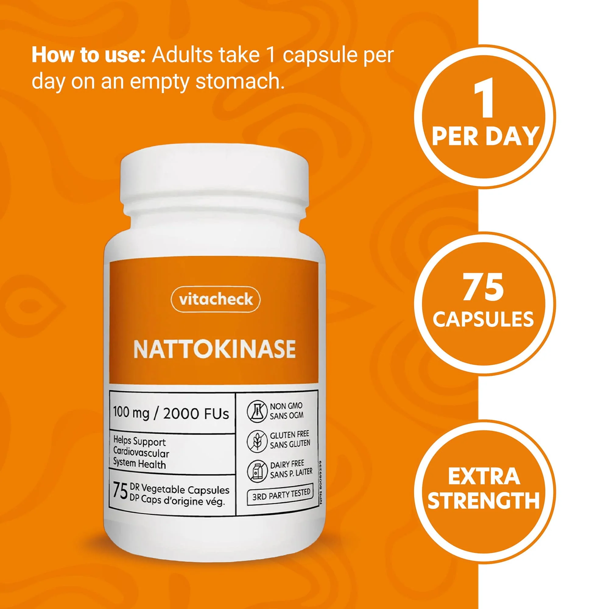 Vitacheck Nattokinase 100mg, 2000 FUs, Natural Heart Health, Circulation and Blood Pressure Support, 75 Delayed Release Capsules - Image 6