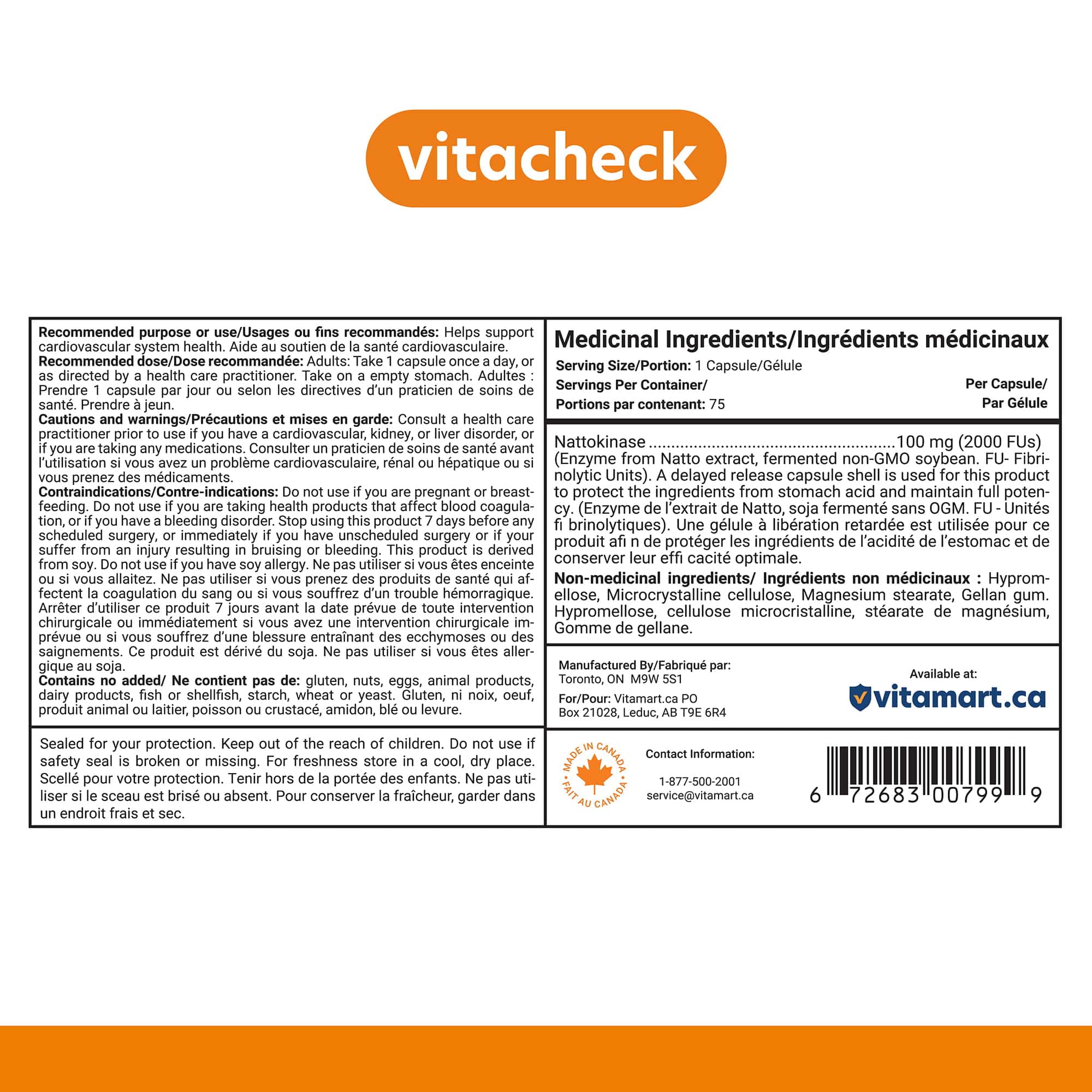 Vitacheck Nattokinase 100mg, 2000 FUs, Natural Heart Health, Circulation and Blood Pressure Support, 75 Delayed Release Capsules - Image 9