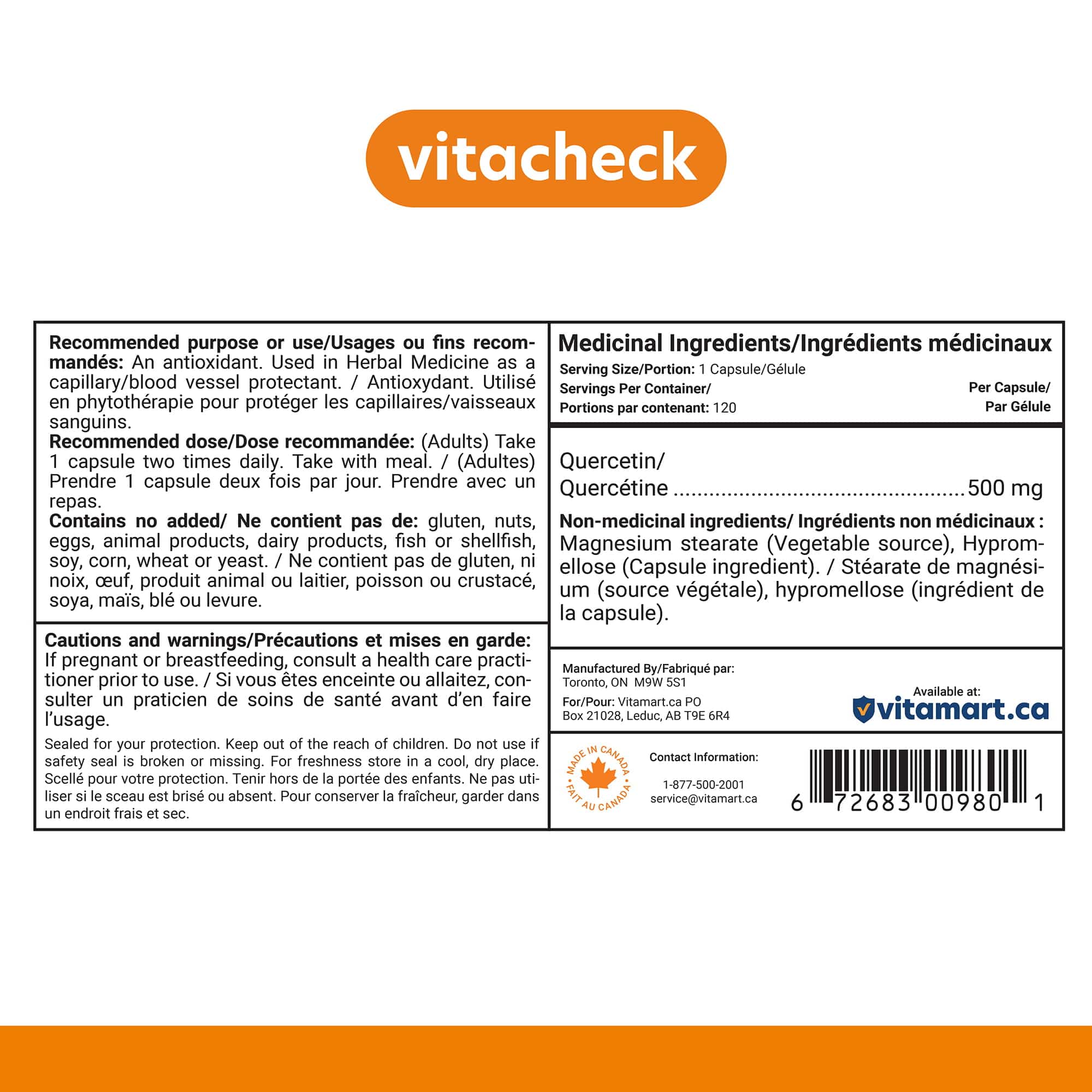 Vitacheck Quercetin 500mg Extra Strength, Immune Health, Seasonal Allergy Relief, Cellular Health, 120 Vegetable Capsules - Image 9
