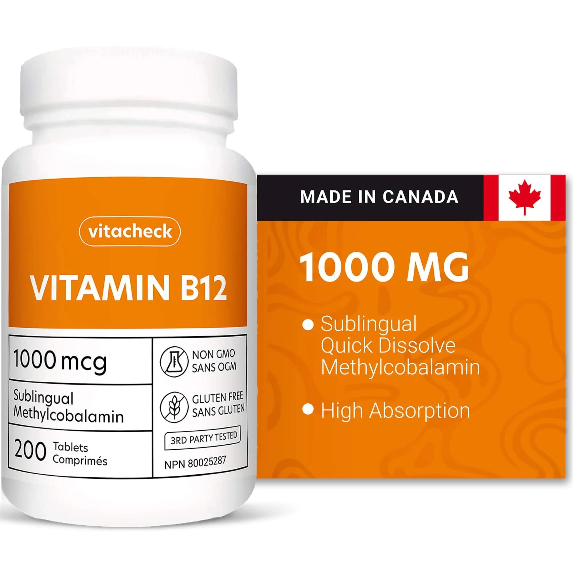 Vitacheck Vitamin B12 1000mcg, Sublingual B12 Quick Dissolve Methylcobalamin, Supports Energy, Healthy Nerve and Blood Cells, 200 Sublingual Tablets