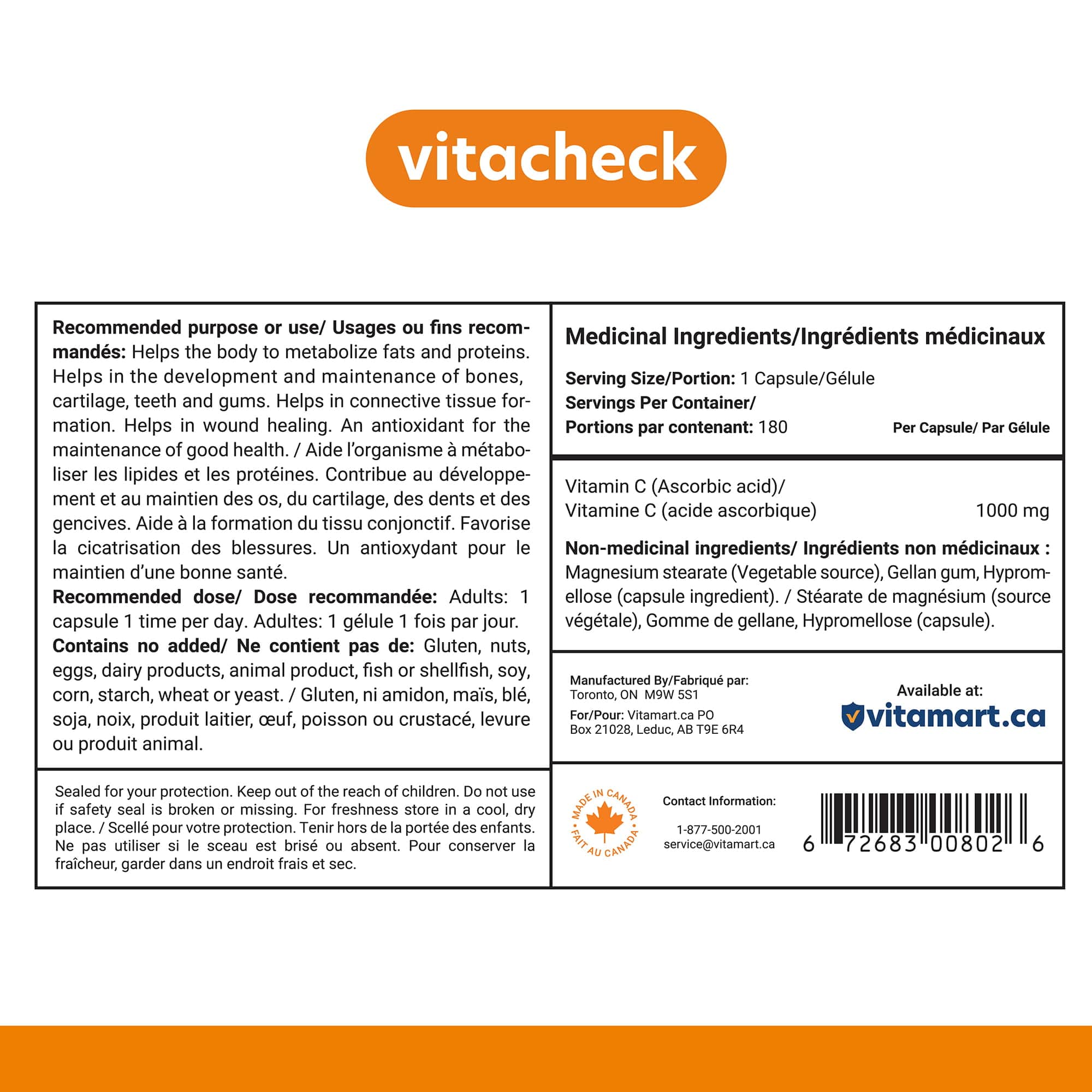 Vitacheck Vitamin C 1000mg Capsules, 100% Pure, Helps Boost Immune System and Skin Health, 180 Delayed Release Vegetable Capsules - Image 9