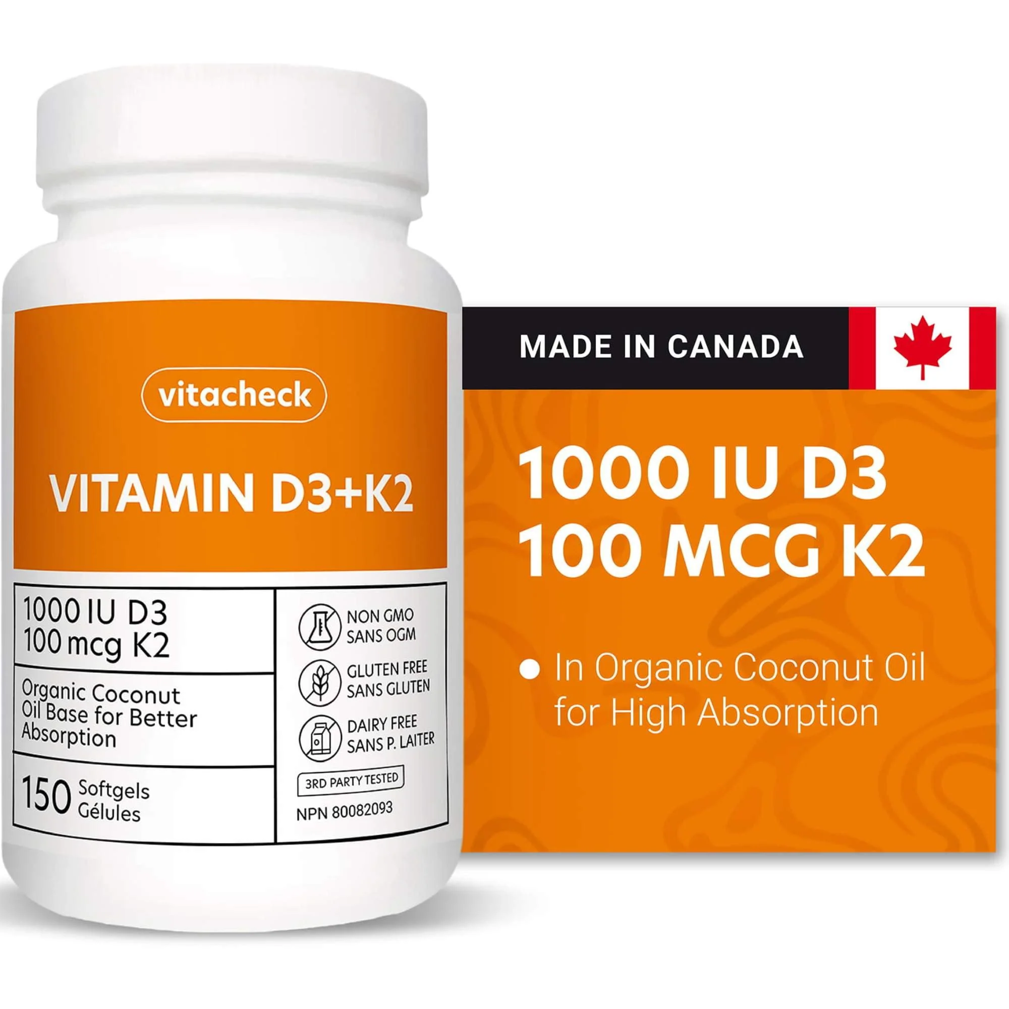 Vitacheck Vitamin D3+K2 Softgels, 1000IU D3 and 100mcg K2, In Organic Coconut Oil for Better Absorption, Supports Bone and Heart Health, 150 Softgels