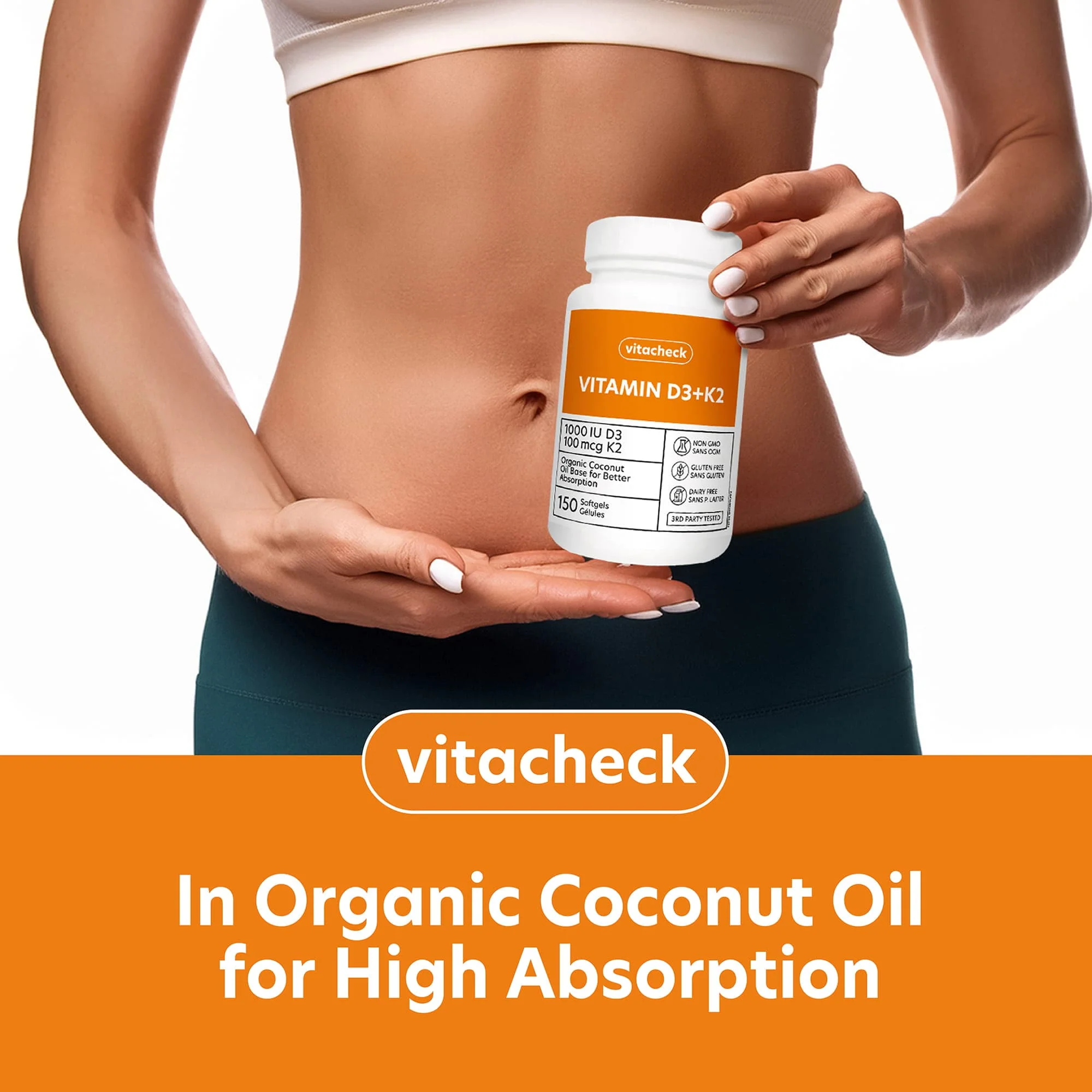 Vitacheck Vitamin D3+K2 Softgels, 1000IU D3 and 100mcg K2, In Organic Coconut Oil for Better Absorption, Supports Bone and Heart Health, 150 Softgels - Image 2