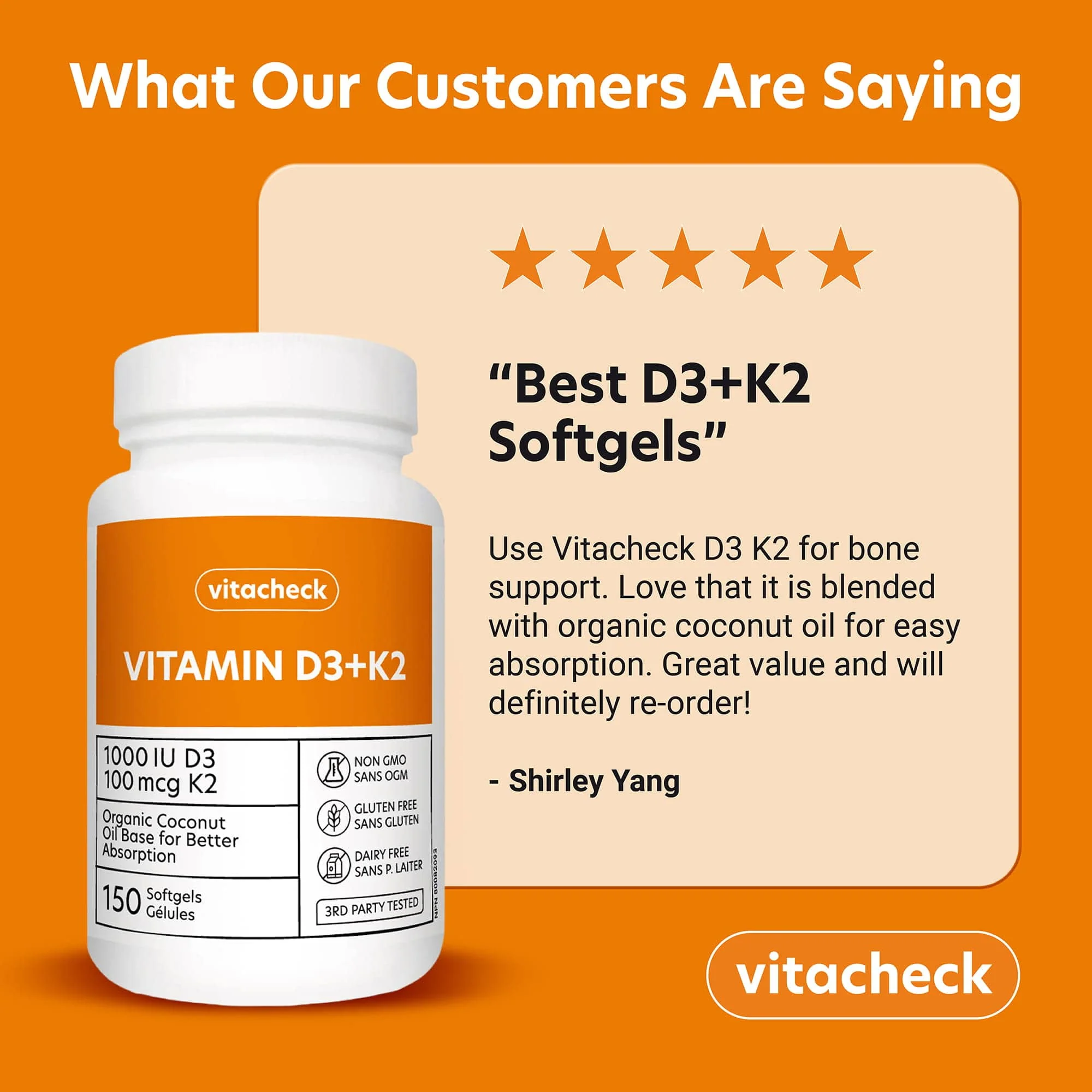 Vitacheck Vitamin D3+K2 Softgels, 1000IU D3 and 100mcg K2, In Organic Coconut Oil for Better Absorption, Supports Bone and Heart Health, 150 Softgels - Image 3