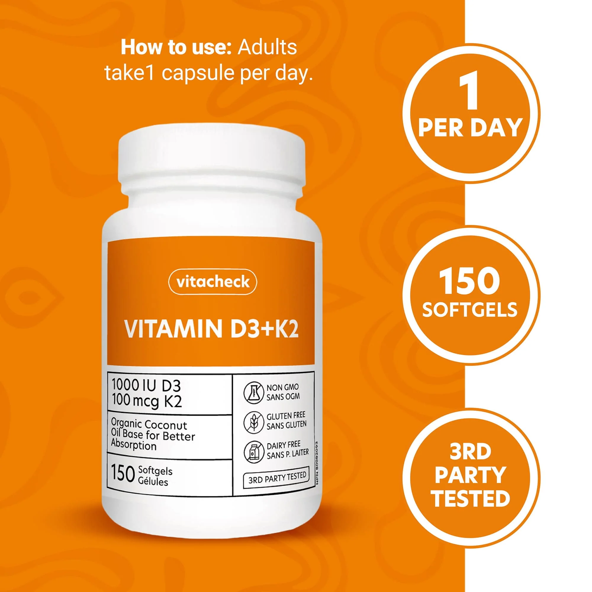 Vitacheck Vitamin D3+K2 Softgels, 1000IU D3 and 100mcg K2, In Organic Coconut Oil for Better Absorption, Supports Bone and Heart Health, 150 Softgels - Image 6