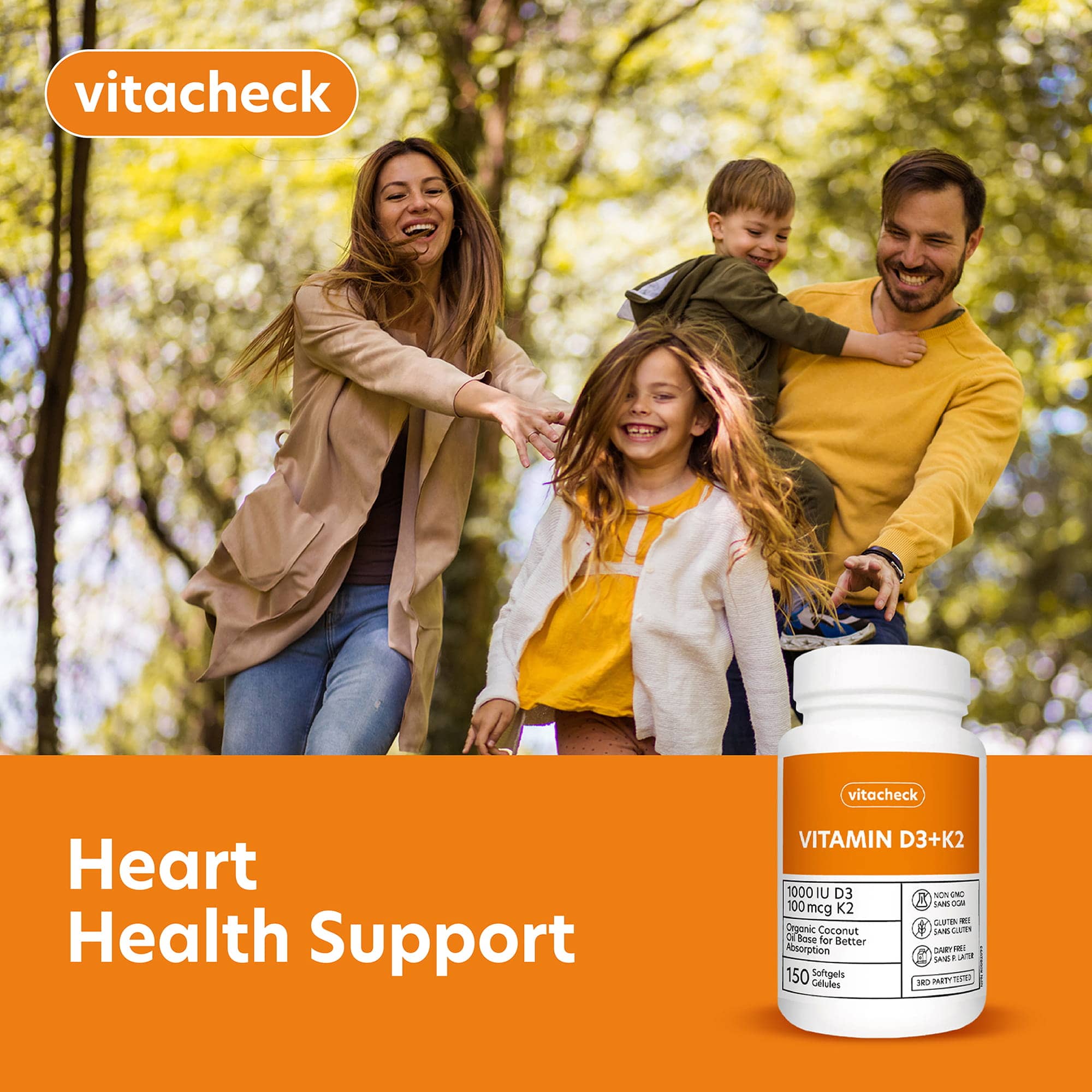 Vitacheck Vitamin D3+K2 Softgels, 1000IU D3 and 100mcg K2, In Organic Coconut Oil for Better Absorption, Supports Bone and Heart Health, 150 Softgels - Image 7