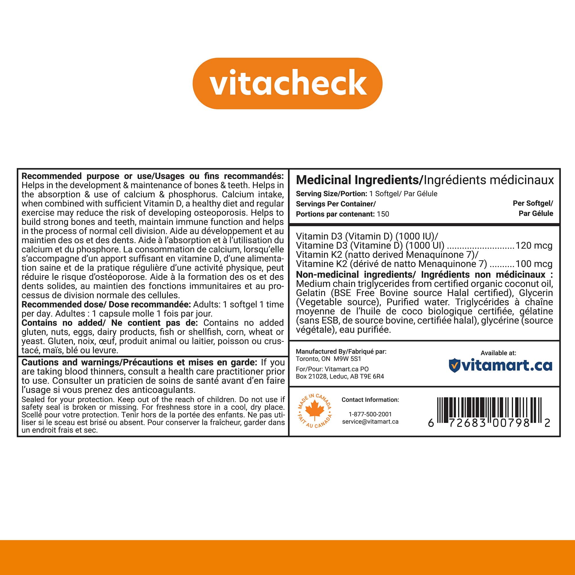 Vitacheck Vitamin D3+K2 Softgels, 1000IU D3 and 100mcg K2, In Organic Coconut Oil for Better Absorption, Supports Bone and Heart Health, 150 Softgels - Image 9