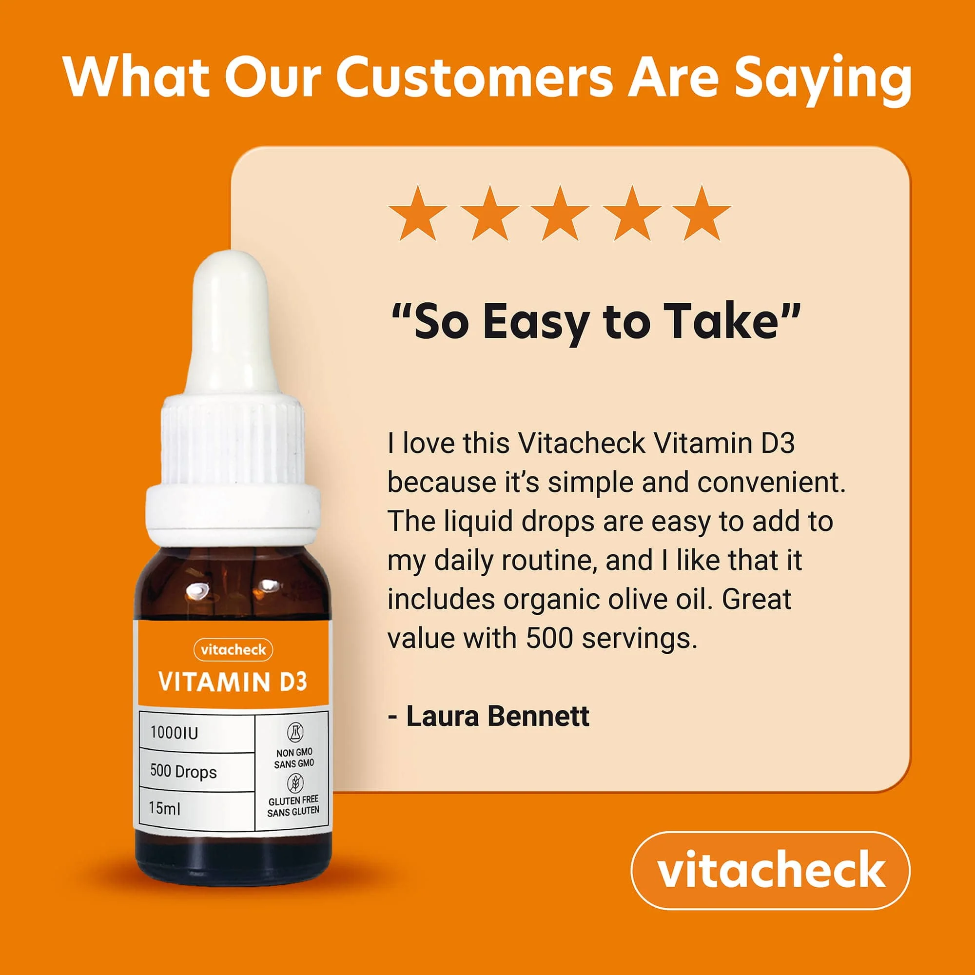 Vitacheck Vitamin D3 1000IU Liquid D3 Drops with Organic Olive Oil, 500 Servings, 15ml CLEARANCE 25% Off Exp 8/27 Final Sale - Image 3