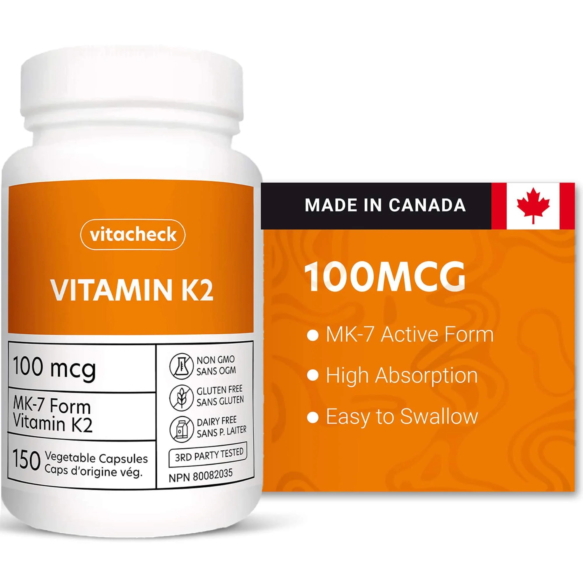 Vitacheck Vitamin K2 100mcg, Natto-Derived MK-7, Supports Bone and Heart Health, 150 Vegetable Capsules