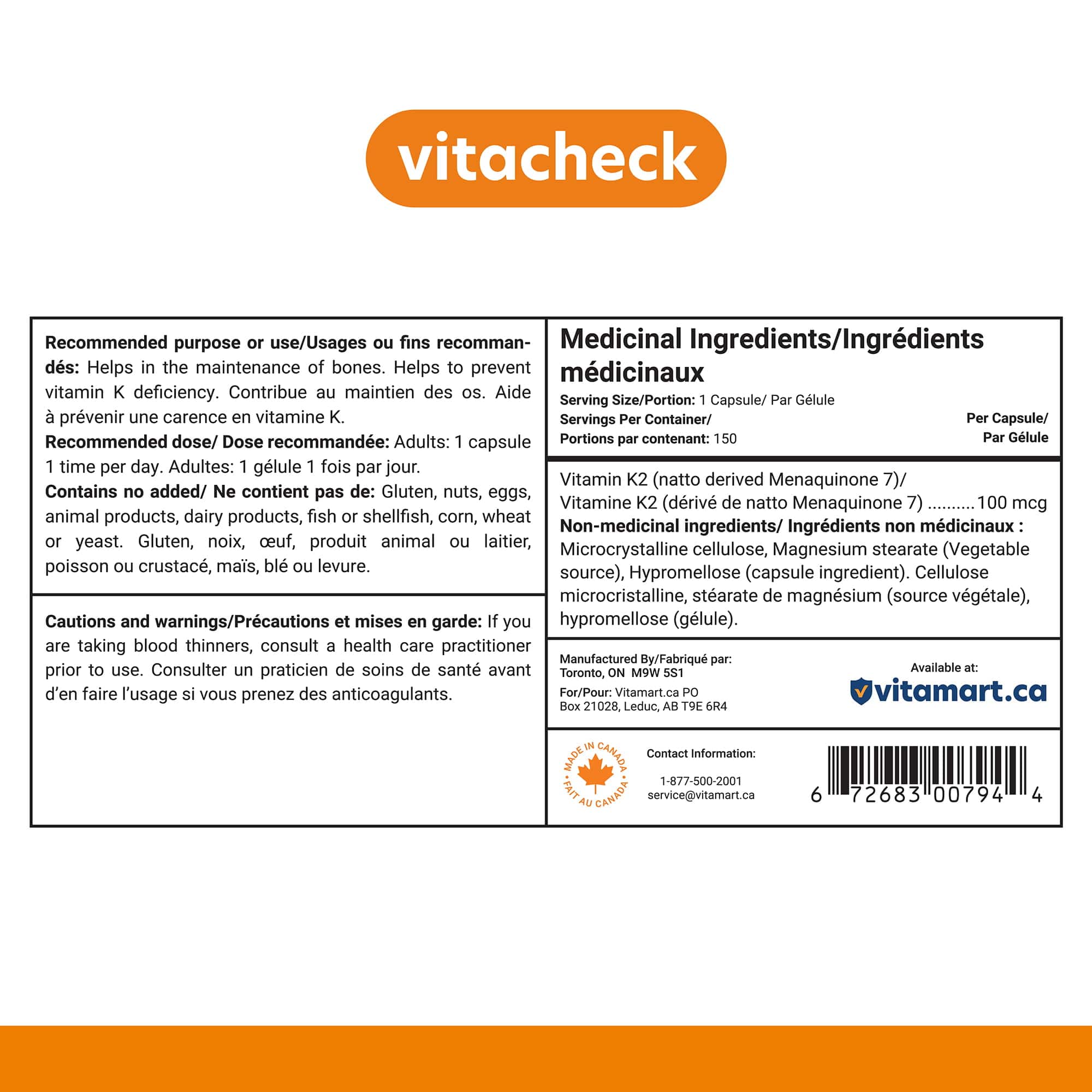 Vitacheck Vitamin K2 100mcg, Natto-Derived MK-7, Supports Bone and Heart Health, 150 Vegetable Capsules - Image 9