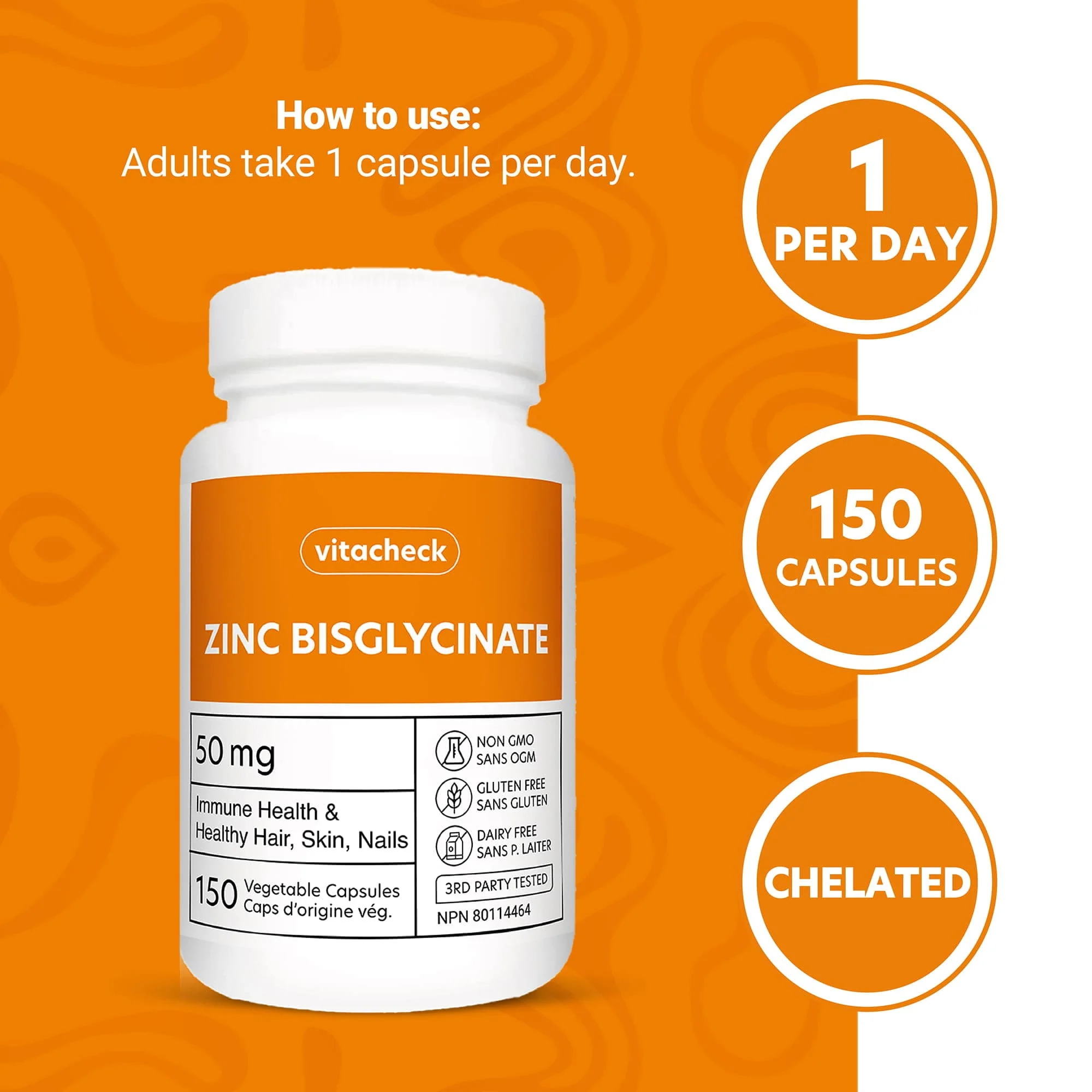 Vitacheck Zinc Bisglycinate 50mg, Chelated, Supports Immune Health, Skin, Hair and Wound Healing, 150 Vegetable Capsules CLEARANCE 25% Off Exp 5/28 Final Sale - Image 3