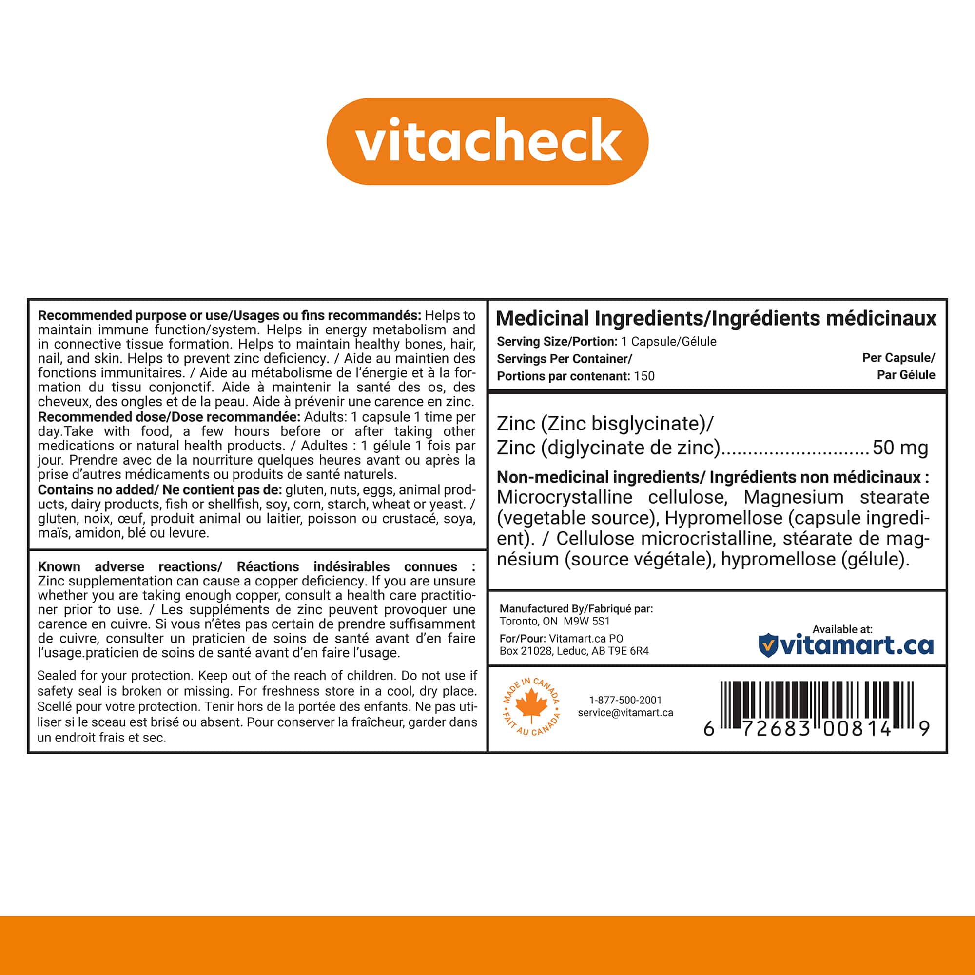 Vitacheck Zinc Bisglycinate 50mg, Chelated, Supports Immune Health, Skin, Hair and Wound Healing, 150 Vegetable Capsules CLEARANCE 25% Off Exp 5/28 Final Sale - Image 9
