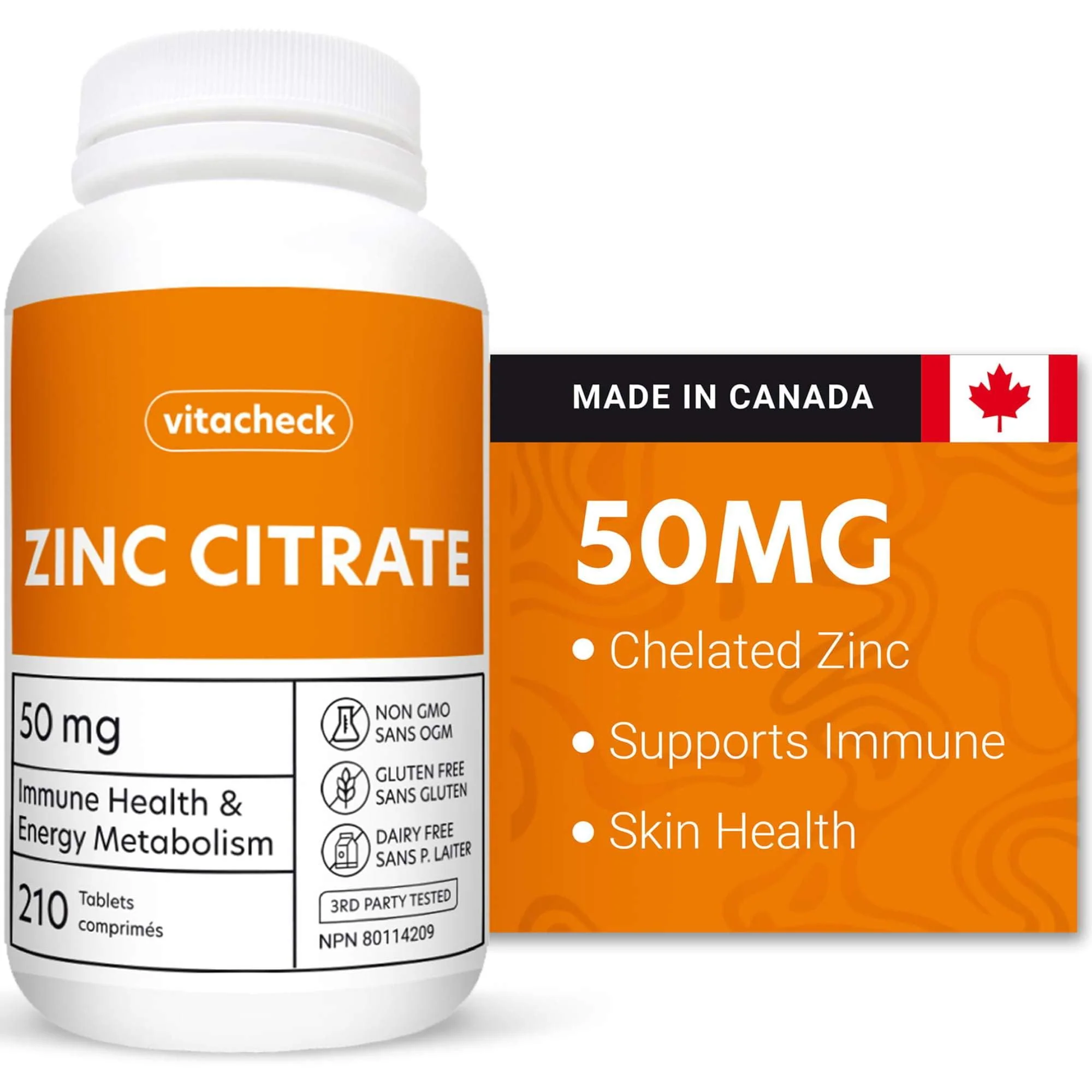 Vitacheck Zinc Citrate 50mg, Chelated, Supports Immune and Skin Health, 210 Tablets CLEARANCE 25% Off, Expiry 4/28 Final Sale