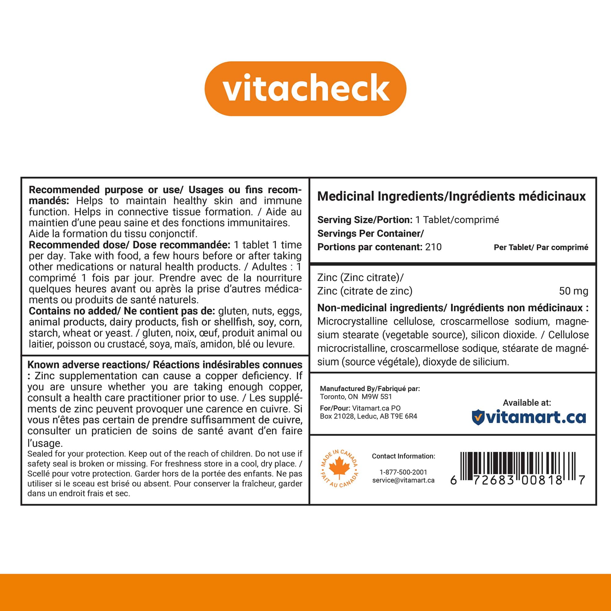 Vitacheck Zinc Citrate 50mg, Chelated, Supports Immune and Skin Health, 210 Tablets CLEARANCE 25% Off, Expiry 4/28 Final Sale - Image 9