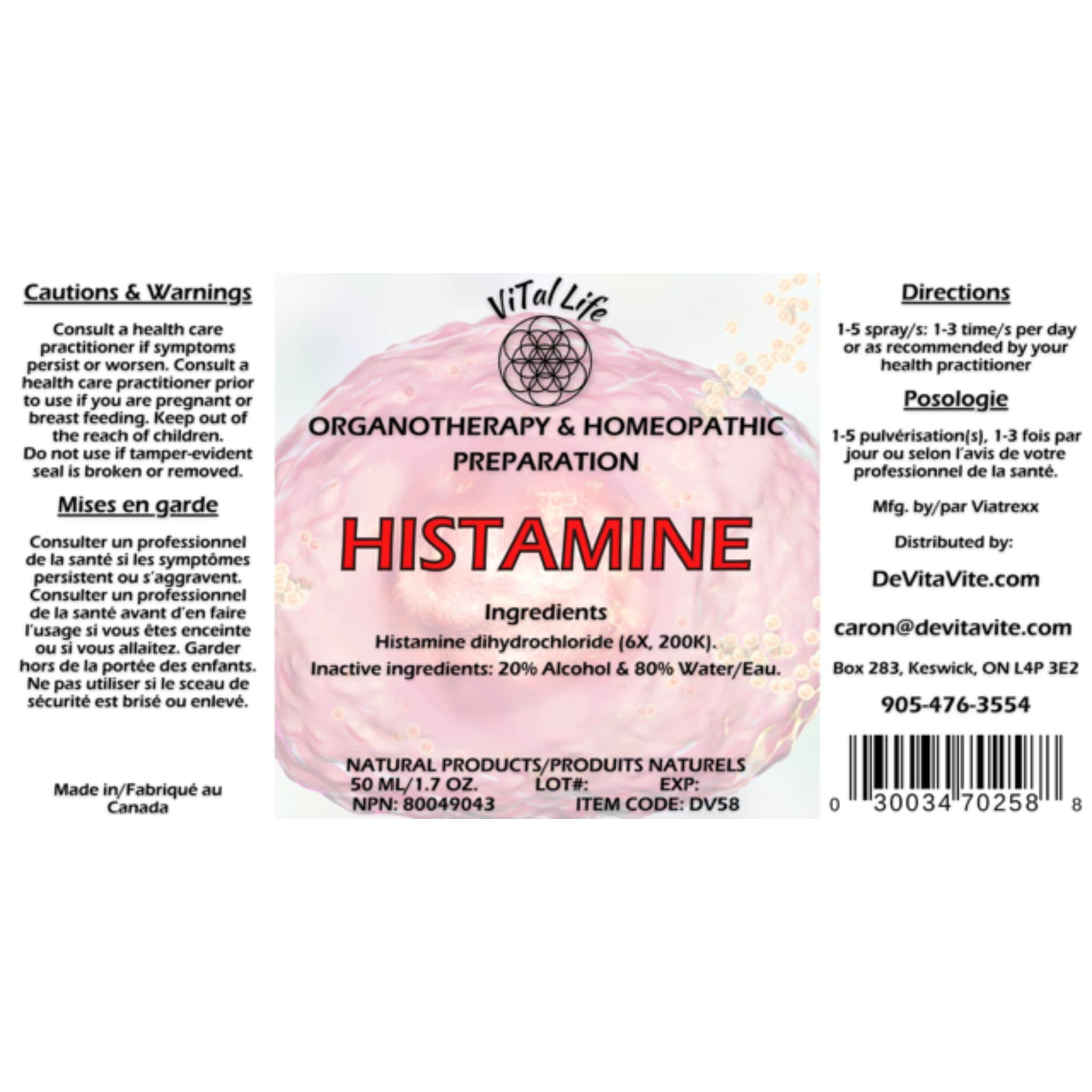 Vital Life Histamine Liquid Spray, Homeopathic Remedy for Allergy Relief and Immune Support, 50ml