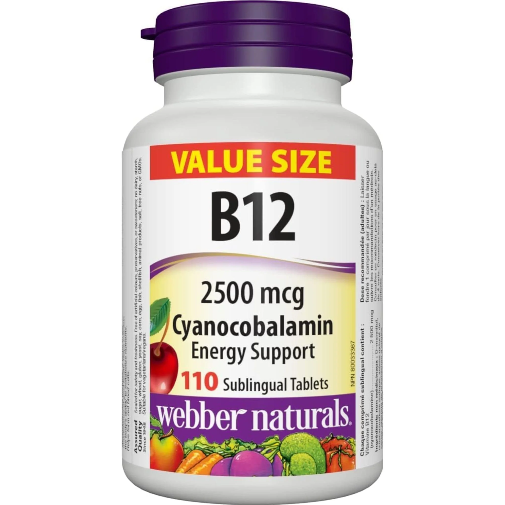 Webber Naturals B12 Cyanocobalamin 2500mcg, 110 Sublingual Tablets