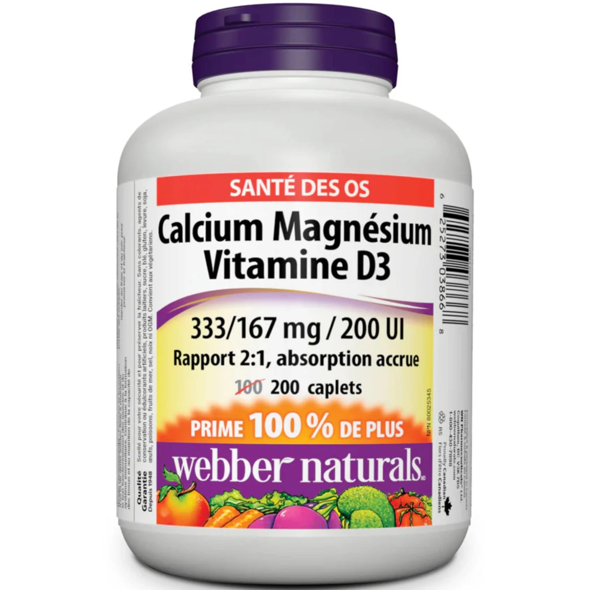 Webber Naturals Calcium Magnesium with Vitamin D3, 333mg/167mg/200IU, Enhanced Absorption, 200 Caplets - Image 2