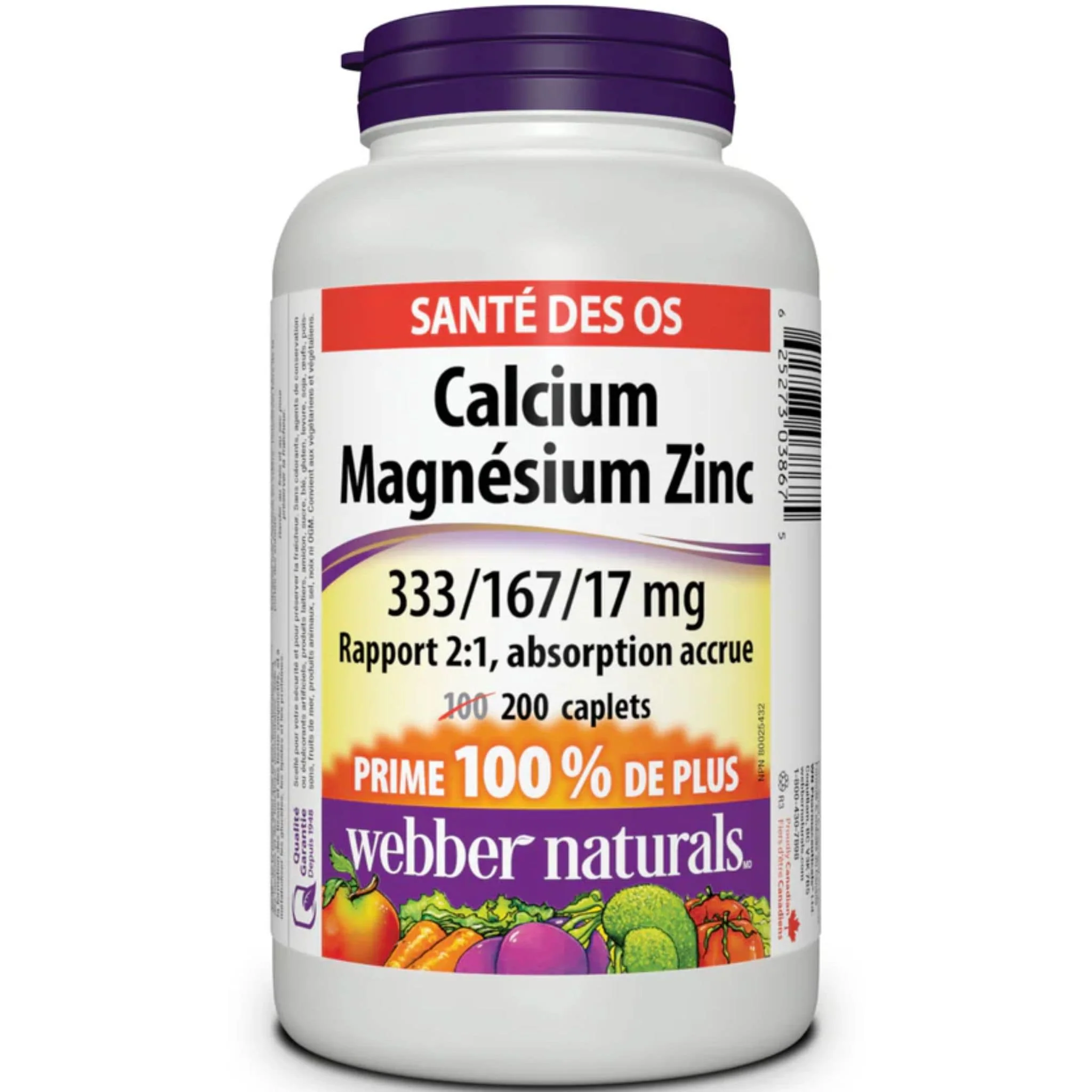 Webber Naturals Calcium Magnesium with Zinc, 333mg/166mg/17mg, Easy Absorption, BONUS SIZE 100% More, 100+100 Caplets - Image 2