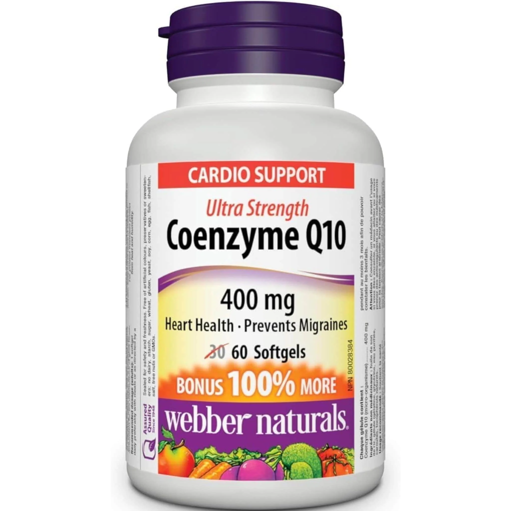 Webber Naturals Coenzyme Q10 400mg, Ultra Strength, BONUS SIZE, 100% More, 60 Softgels