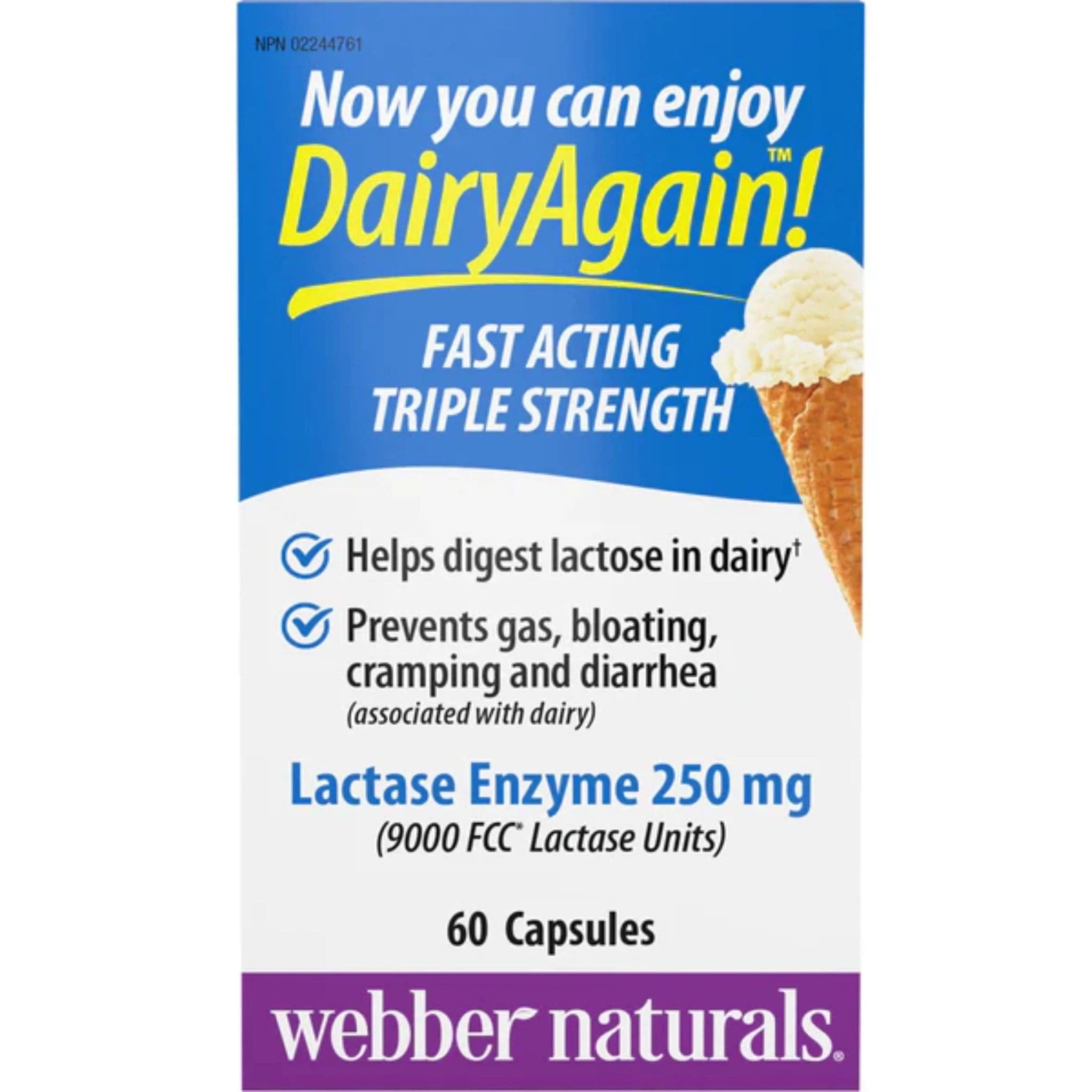 Webber Naturals Dairy Again, Lactase Enzyme 250mg, Helps Digest Lactose in Dairy, 60 Capsules