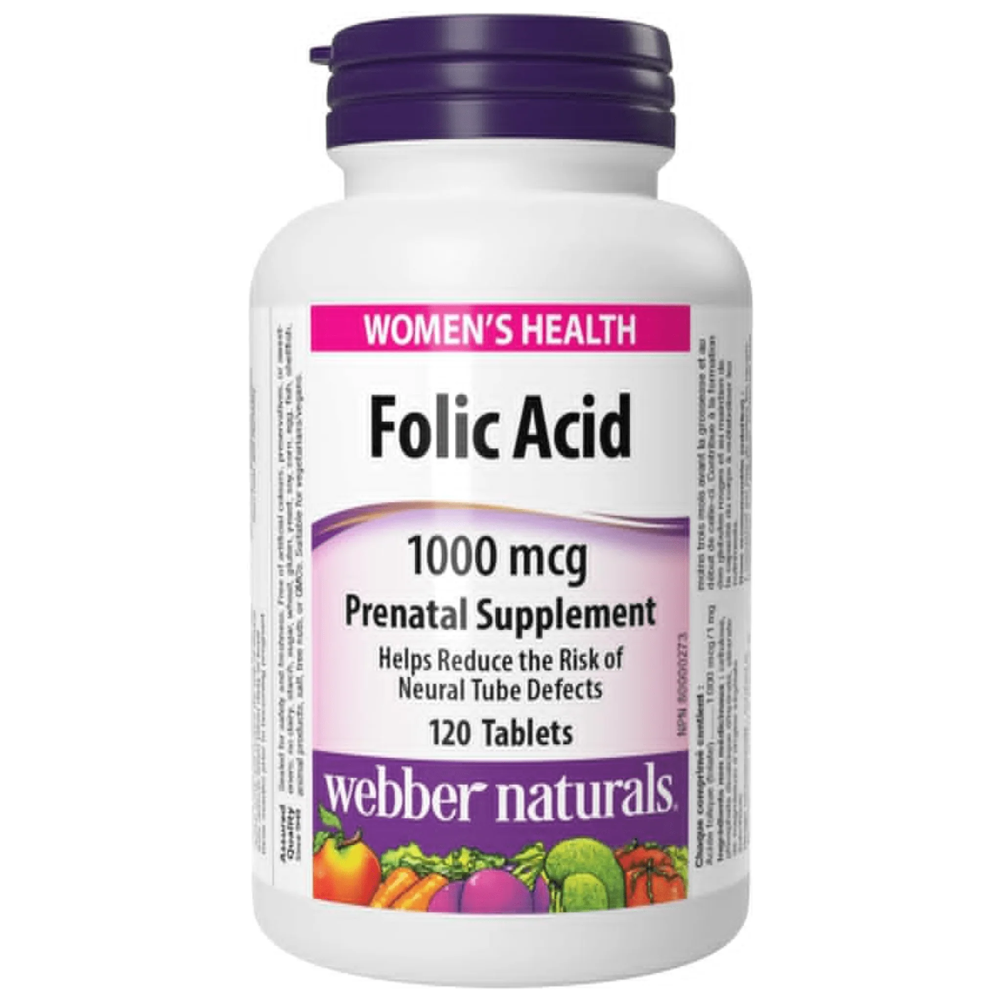 Webber Naturals Folic Acid 1000mcg, Prenatal Support, Helps Red Blood Cell Formation and Reduces Risk of Neural Tube Defects, 120 Tablets