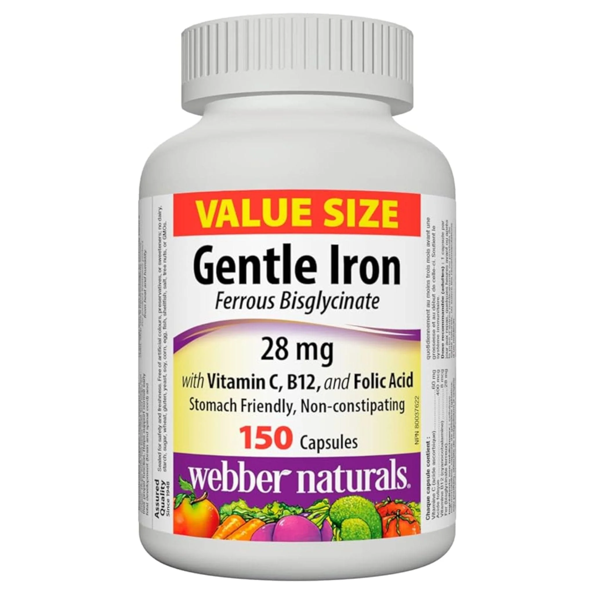 Webber Naturals Gentle Iron 28mg, Plus Vitamin C, B12, and Folic Acid, 150 Capsules