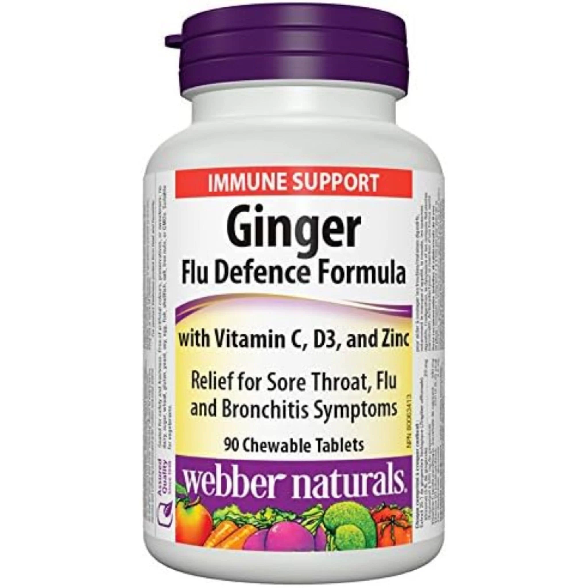 Webber Naturals Ginger Flu Defence Formula with Vitamin C, D3, & Zinc, 90 Chewable Tablets