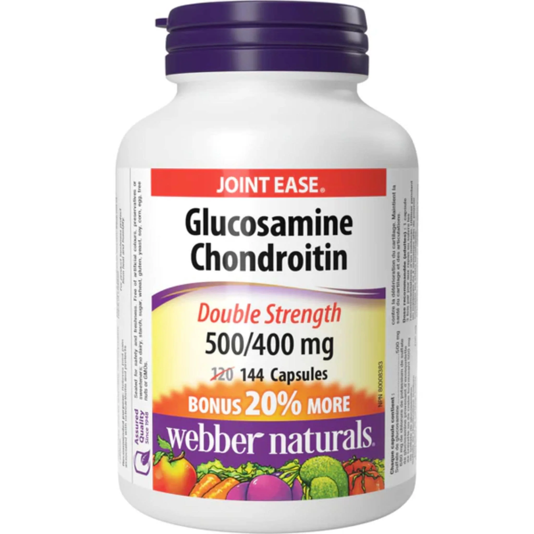 Webber Naturals Glucosamine Chondroitin Sulfate, Double Strength, 500mg/400mg, BONUS SIZE 20% More, 120+24 Capsules