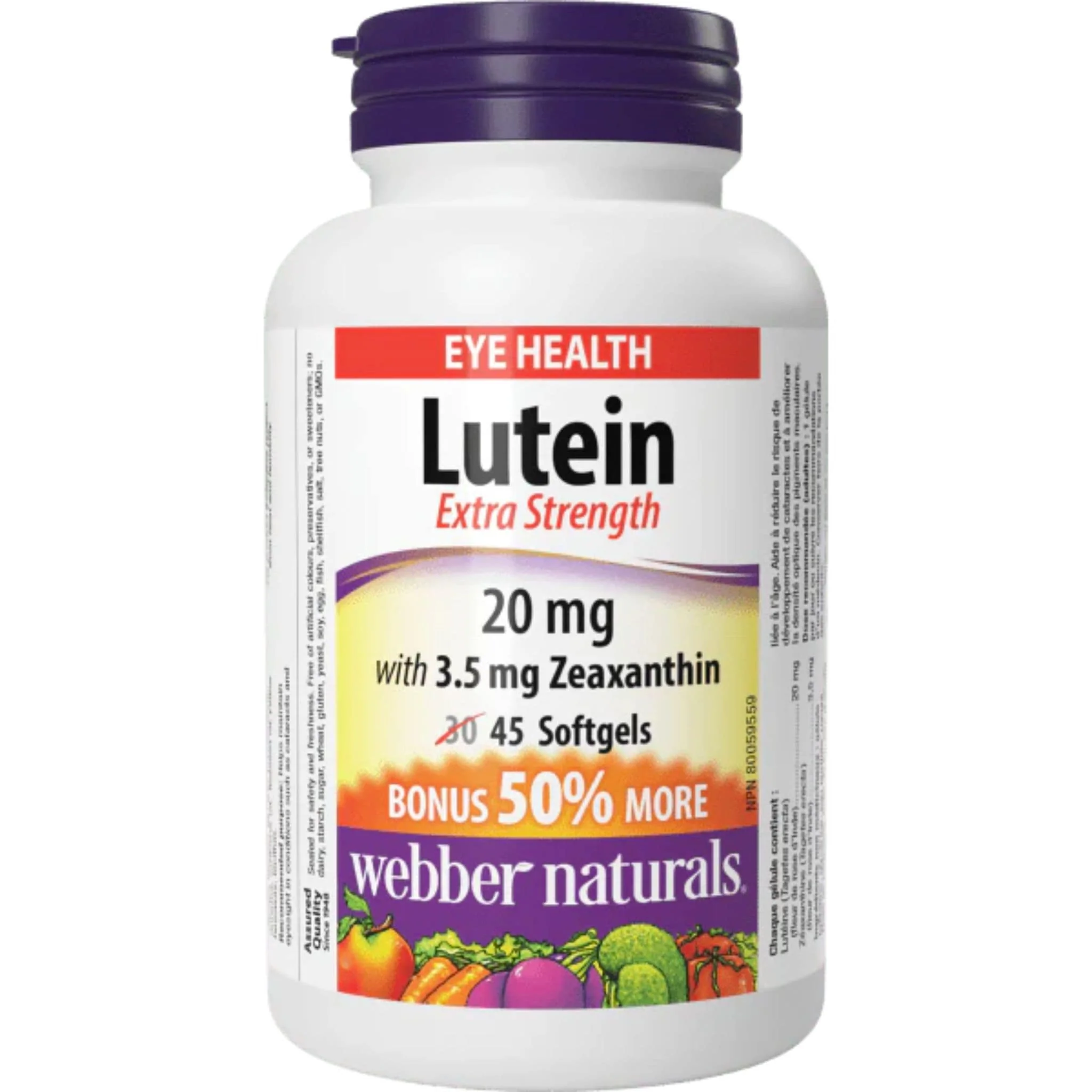 Webber Naturals Lutein 20mg with Zeaxanthin, Extra Strength, BONUS SIZE 50% MORE, 45 Softgels