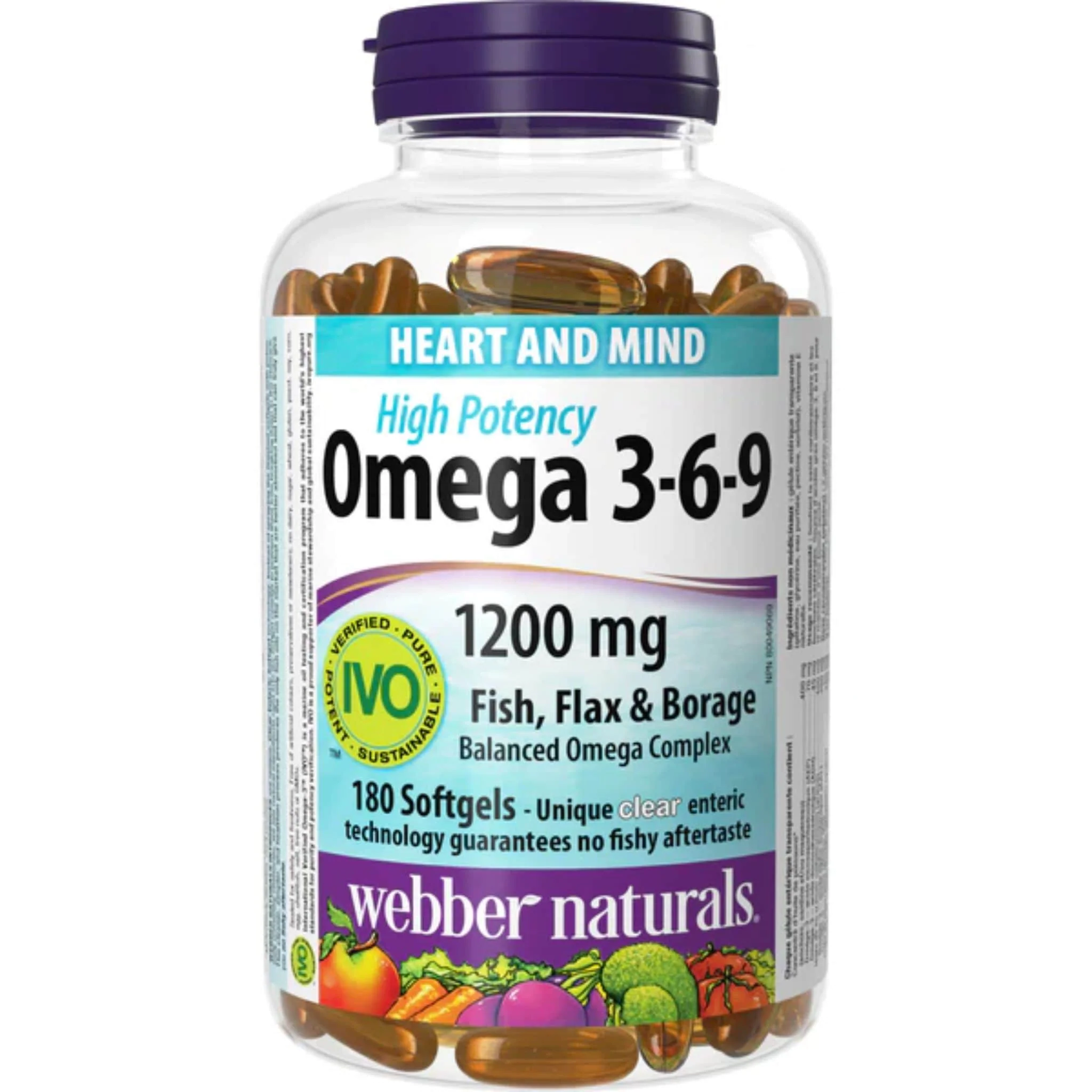 Webber Naturals Omega 3-6-9 Extra Strength 1200mg, No Fishy Aftertaste, 180 Clear Enteric Softgels