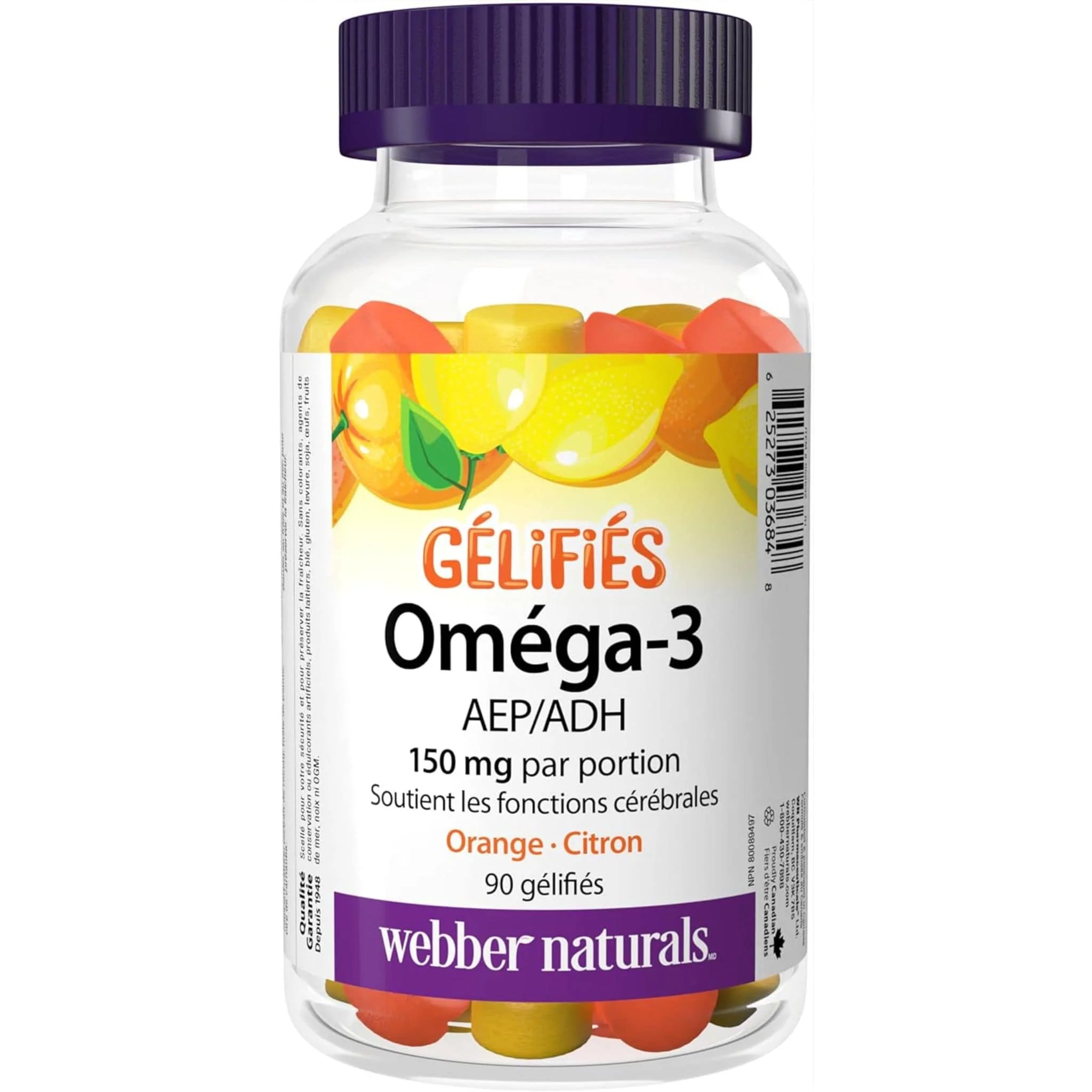 Webber Naturals Omega-3 Gummy 150mg, Supports Brain Function, Fish Oil Gummy, EPA 8mg, DHA 42mg, Orange, Lemon, 90 Gummies - Image 2