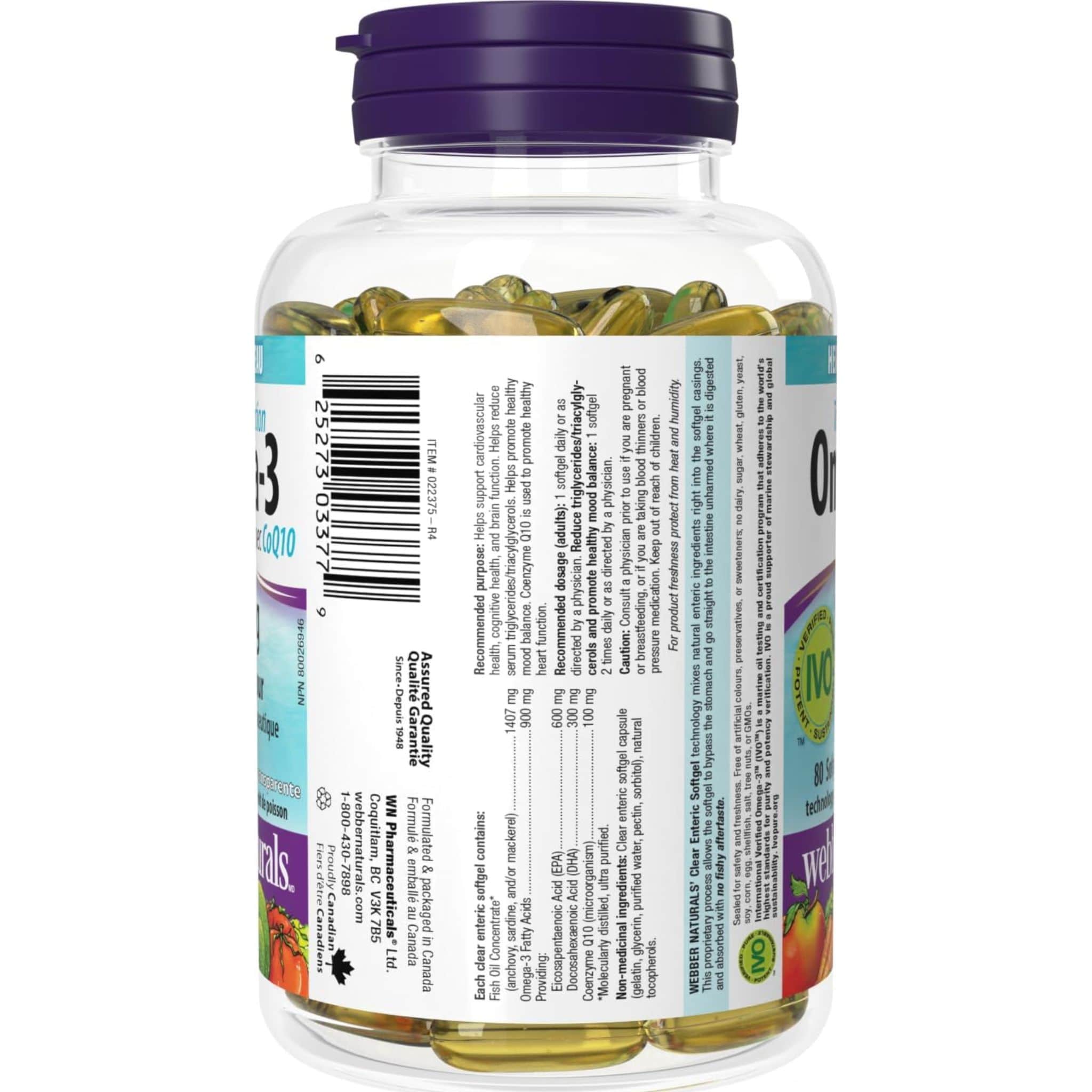Webber Naturals Omega-3 plus CoQ10, Triple Strength, EPA 900mg, DHA 100mg, 80 Clear Enteric Softgels - Image 4