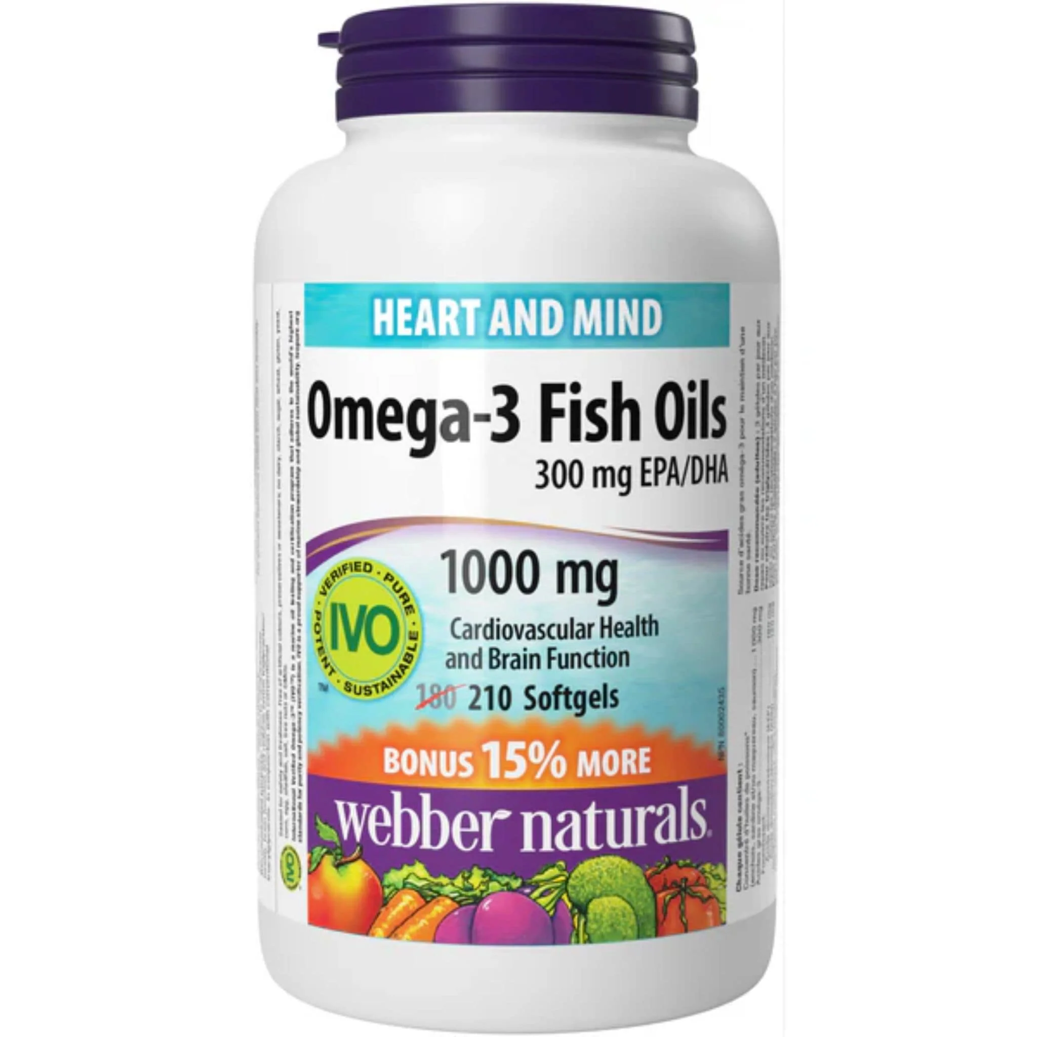 Webber Naturals Omega 3 Fish Oils, 1000mg, EPA 180mg, DHA 120mg, BONUS 180+30 Softgels