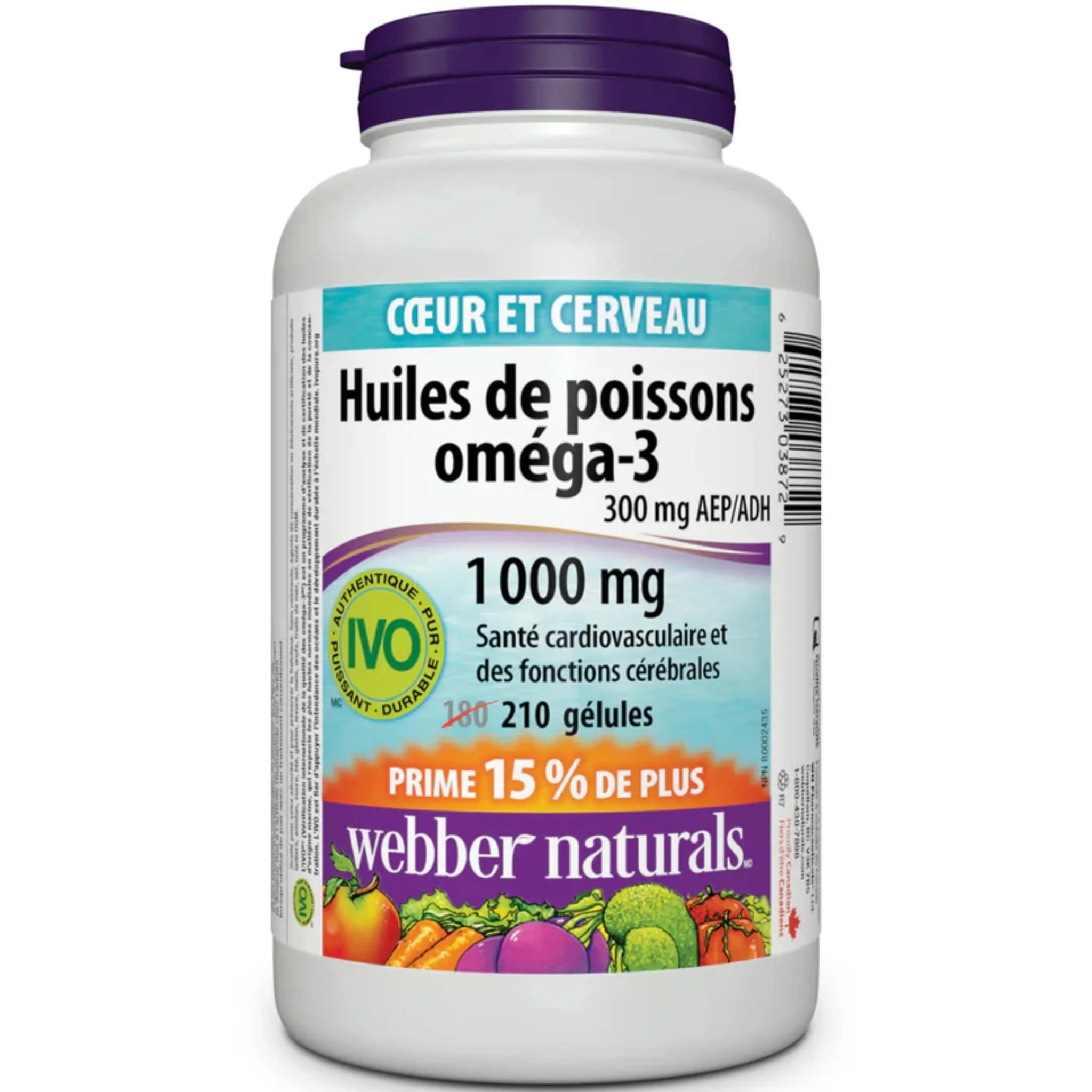 Webber Naturals Omega 3 Fish Oils, 1000mg, EPA 180mg, DHA 120mg, BONUS 180+30 Softgels - Image 2