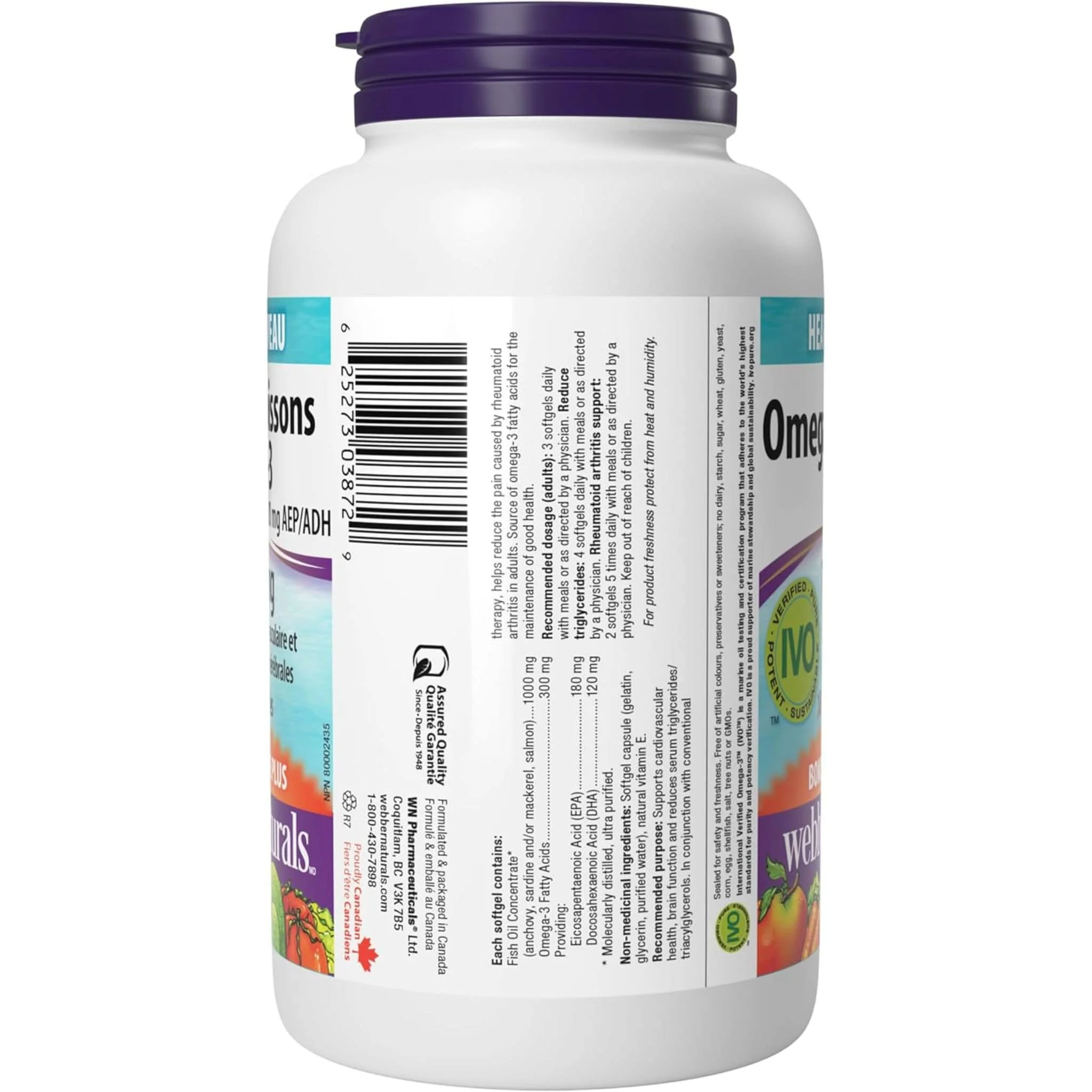 Webber Naturals Omega 3 Fish Oils, 1000mg, EPA 180mg, DHA 120mg, BONUS 180+30 Softgels - Image 3