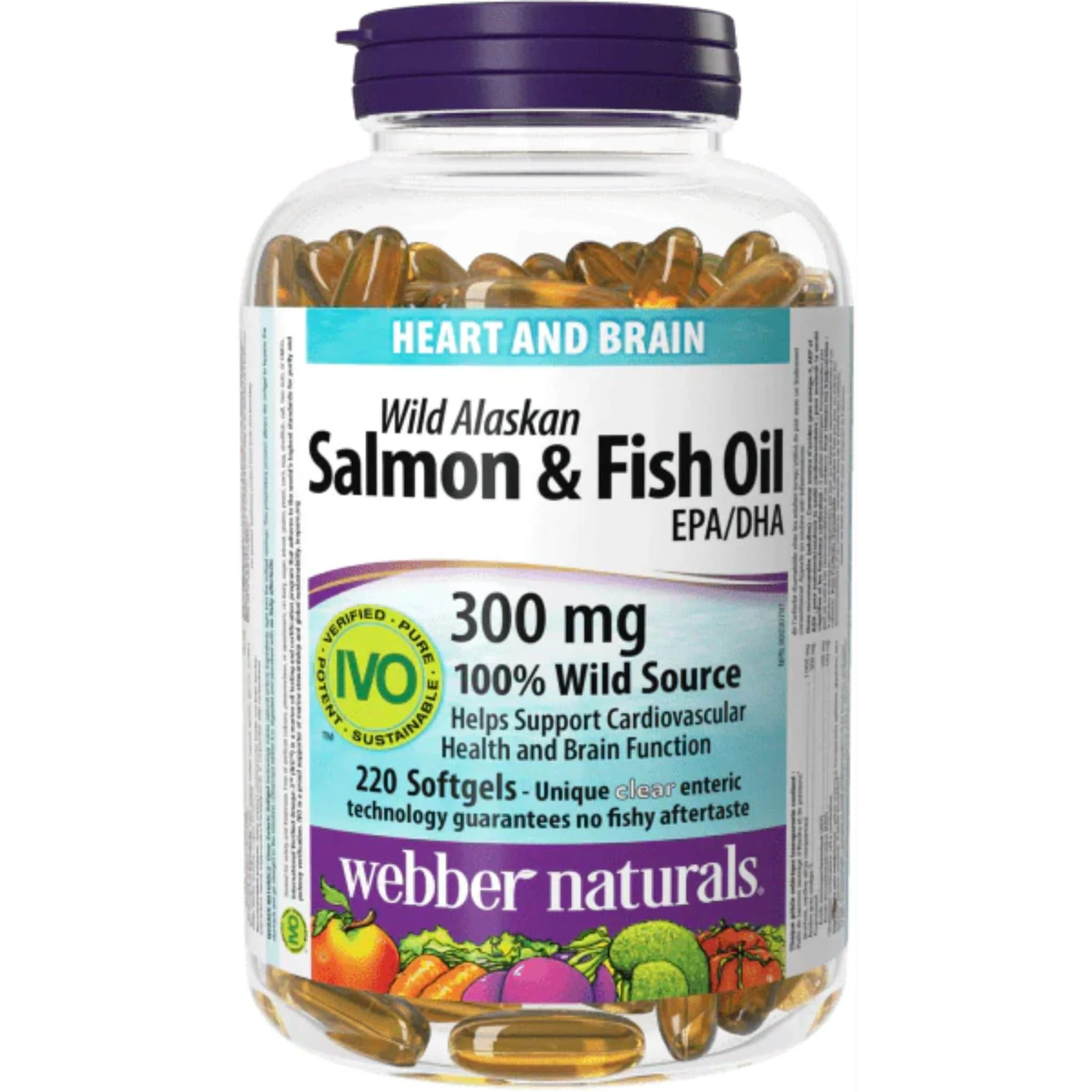 Webber Naturals Wild Alaskan Salmon and Fish Oil, Omega 3 300mg, EPA 180mg, DHA 120mg, Pharmaceutical Grade, 220 Clear Enteric Softgels