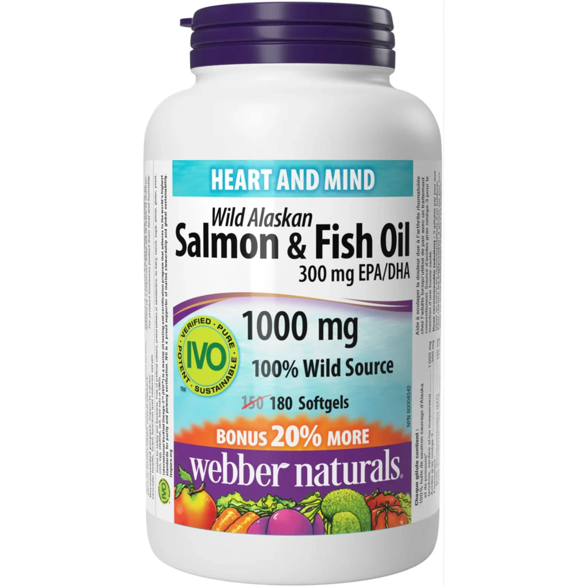 Webber Naturals Omega–3 Wild Salmon & Fish Oil, 1000mg, EPA 180mg, DHA 120mg, BONUS 20% More, 150+30 Softgels
