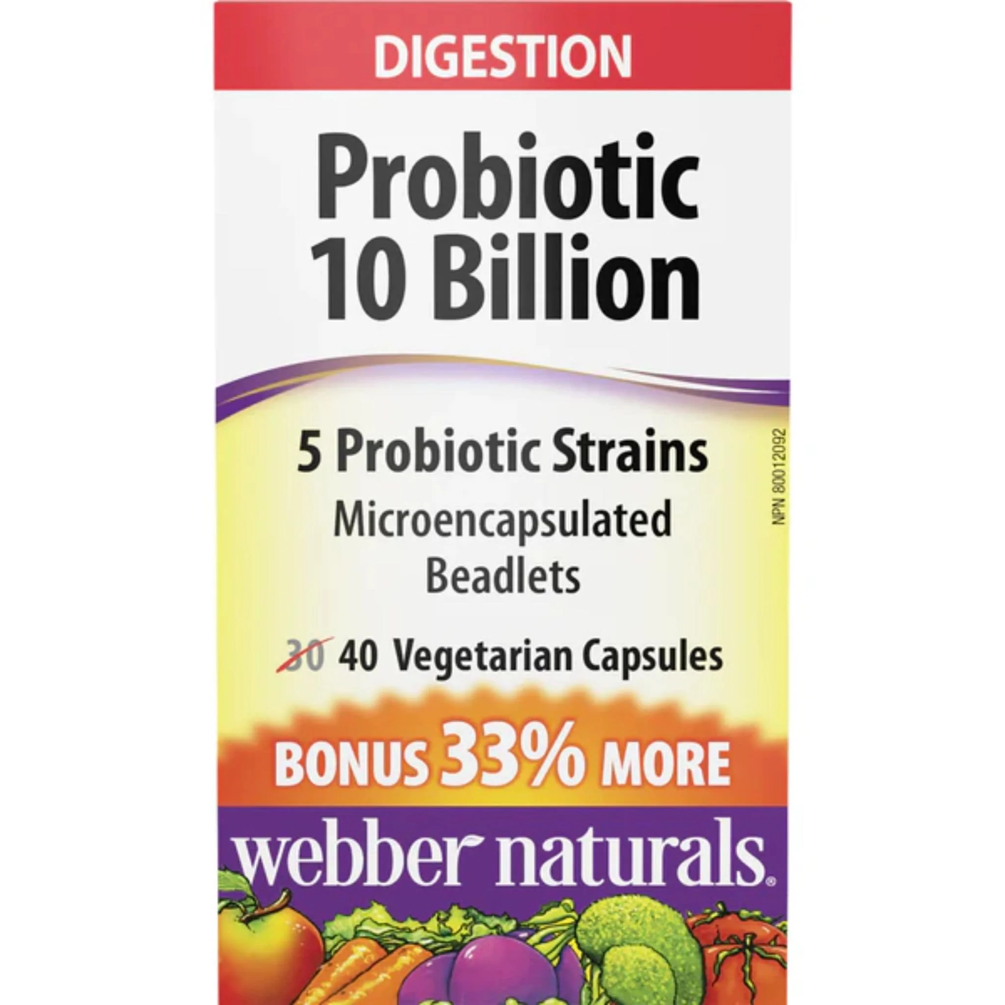 Webber Naturals Probiotic, Double Strength, 10 Billion Active Cells, 5 Probiotic Strains, Shelf Stable, 40 Capsules BONUS! 33% MORE