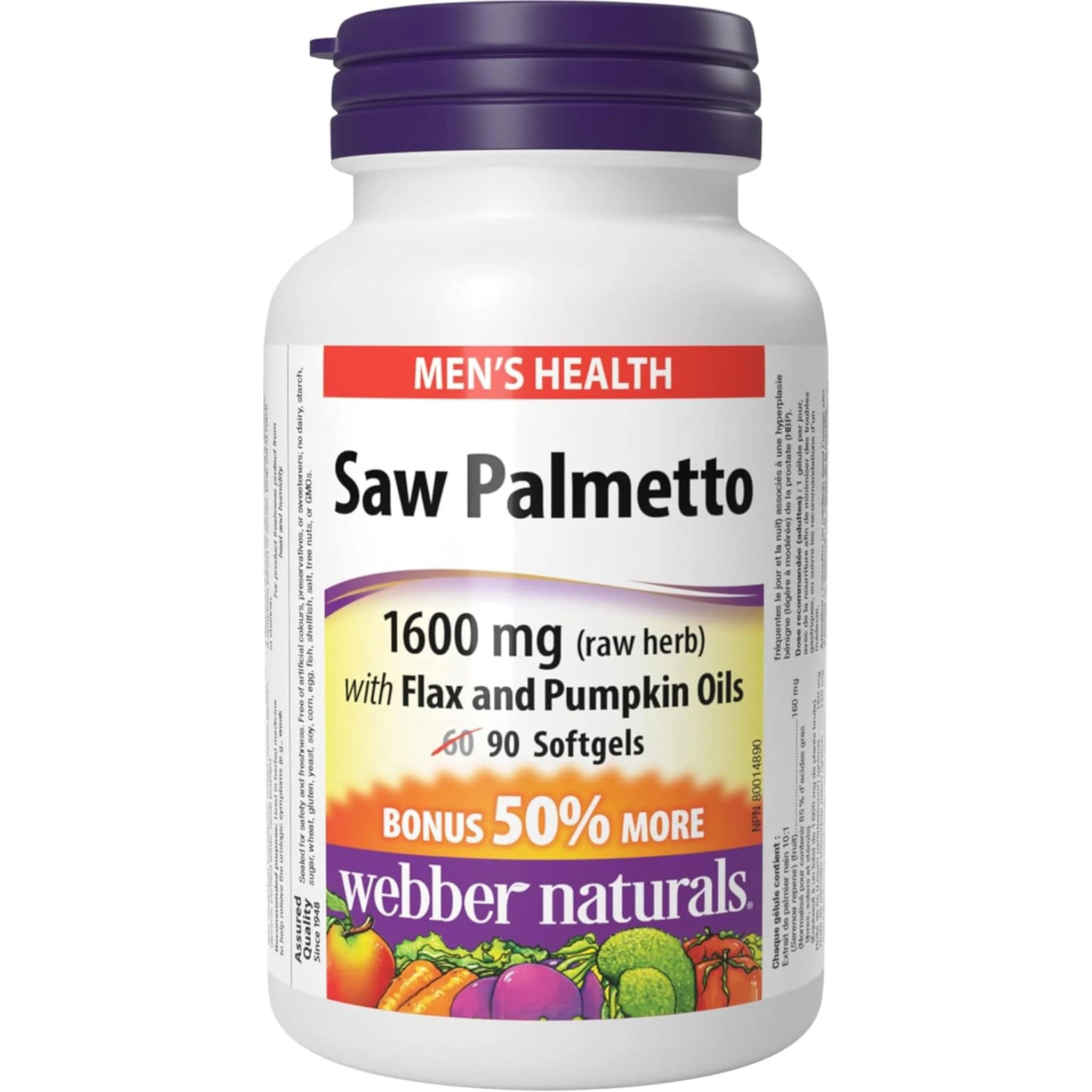 Webber Naturals Saw Palmetto 160mg, BONUS 50% More, 60+30 Softgels