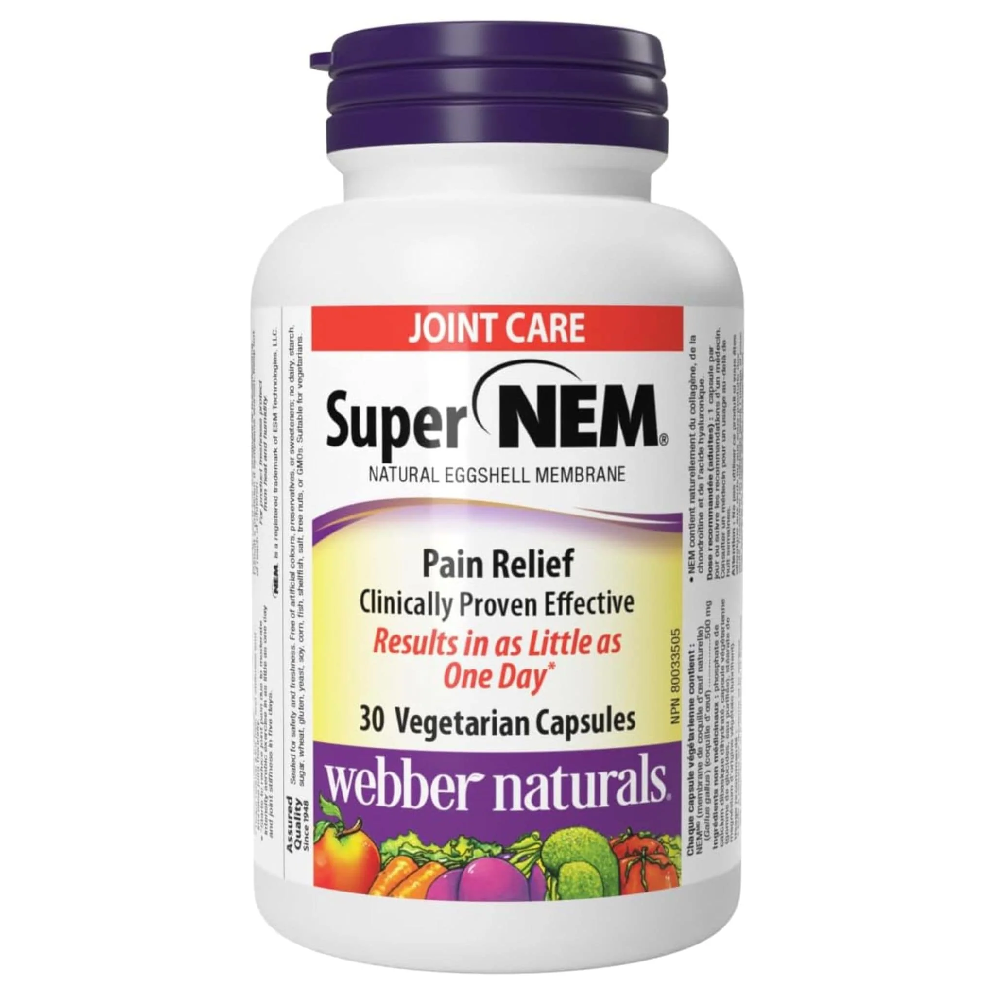 Webber Naturals Super NEM 500mg, Natural Eggshell Memberane, Helps Relieve Joint Pain, 30-90 Vegetable Capsules